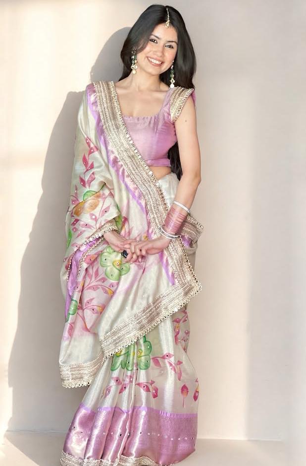 Pastel Floral Silk Blend  with Embroidered Border Ready To Wear Saree