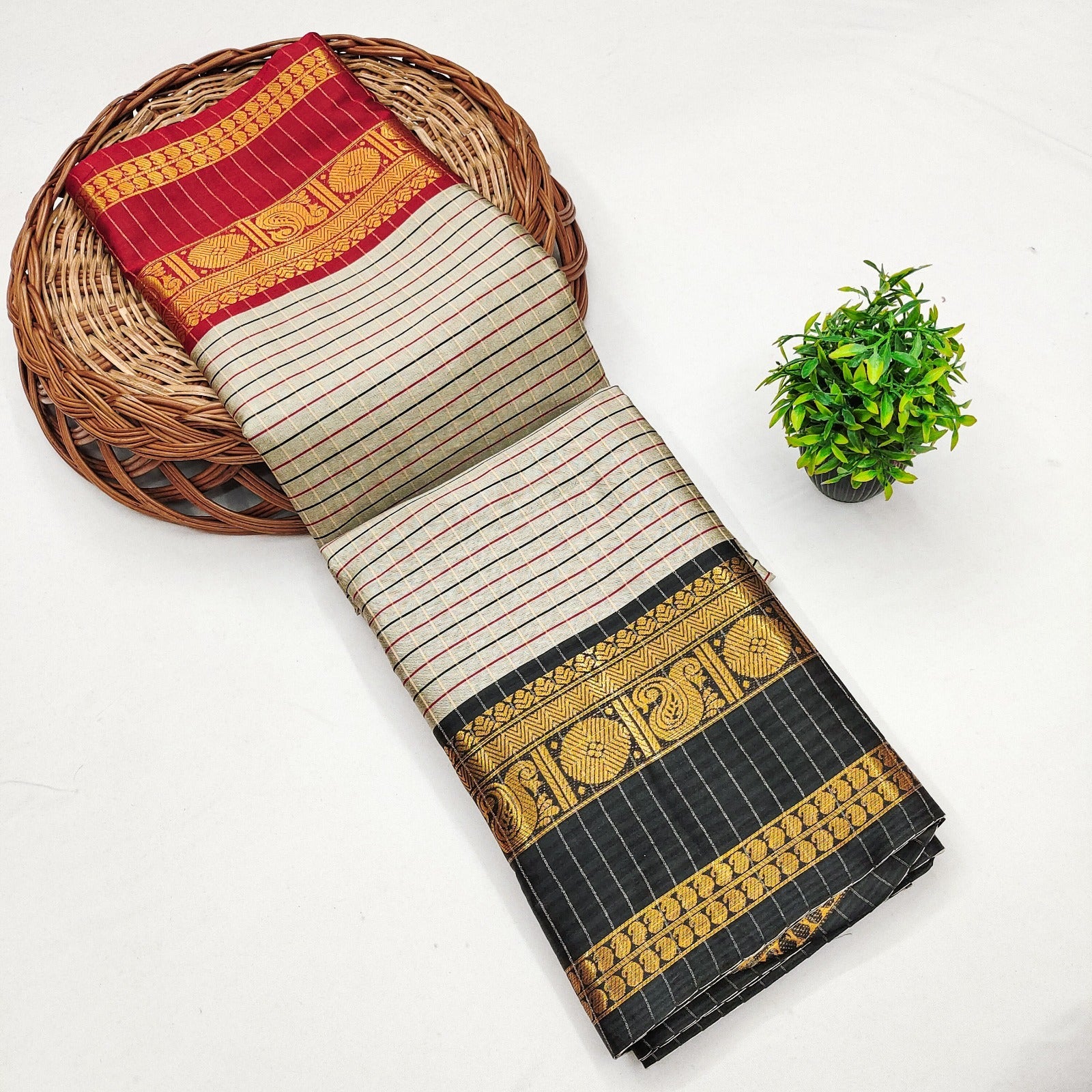 Cream Striped Silk Blend  with Contrast Temple Borders With  Rich Zari Weave Ready To Wear Saree