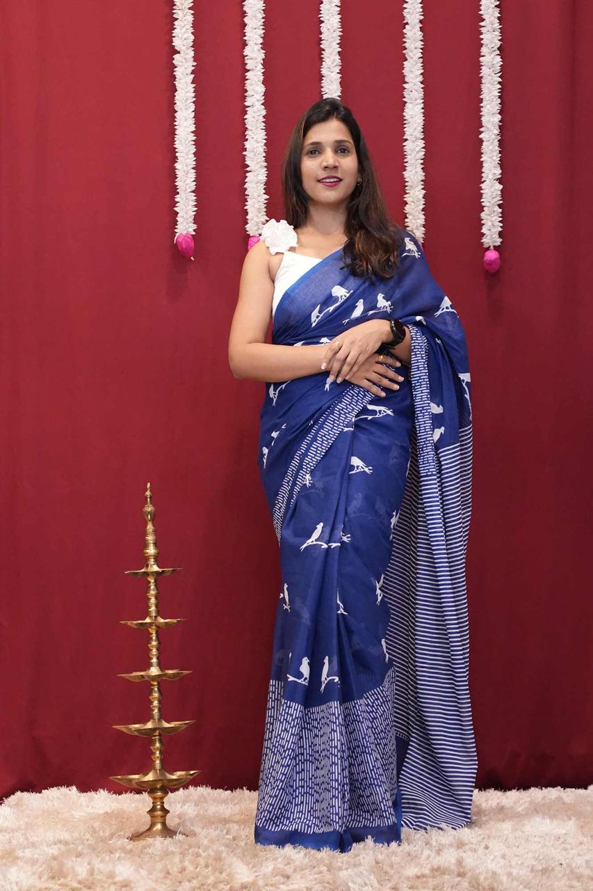Blue Bird Print Cotton with Striped Pallu  Ready to Wear Saree