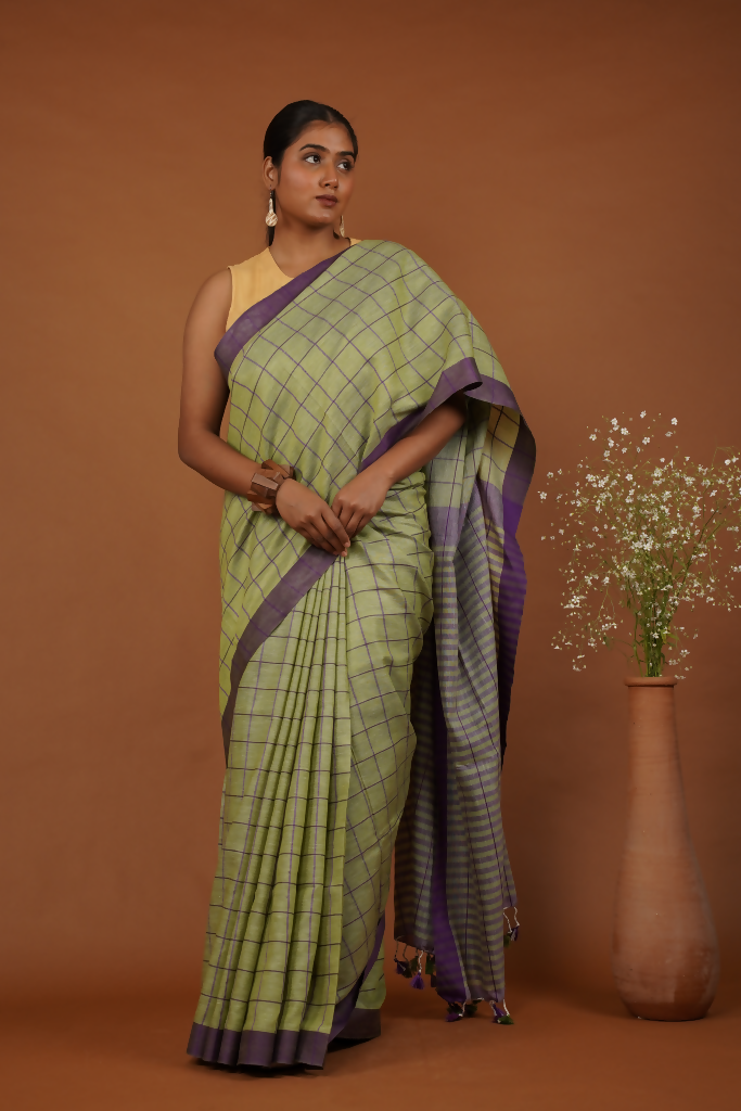 Vanika Rekha Handwoven Olive Green Cotton Saree  | SHOBITAM