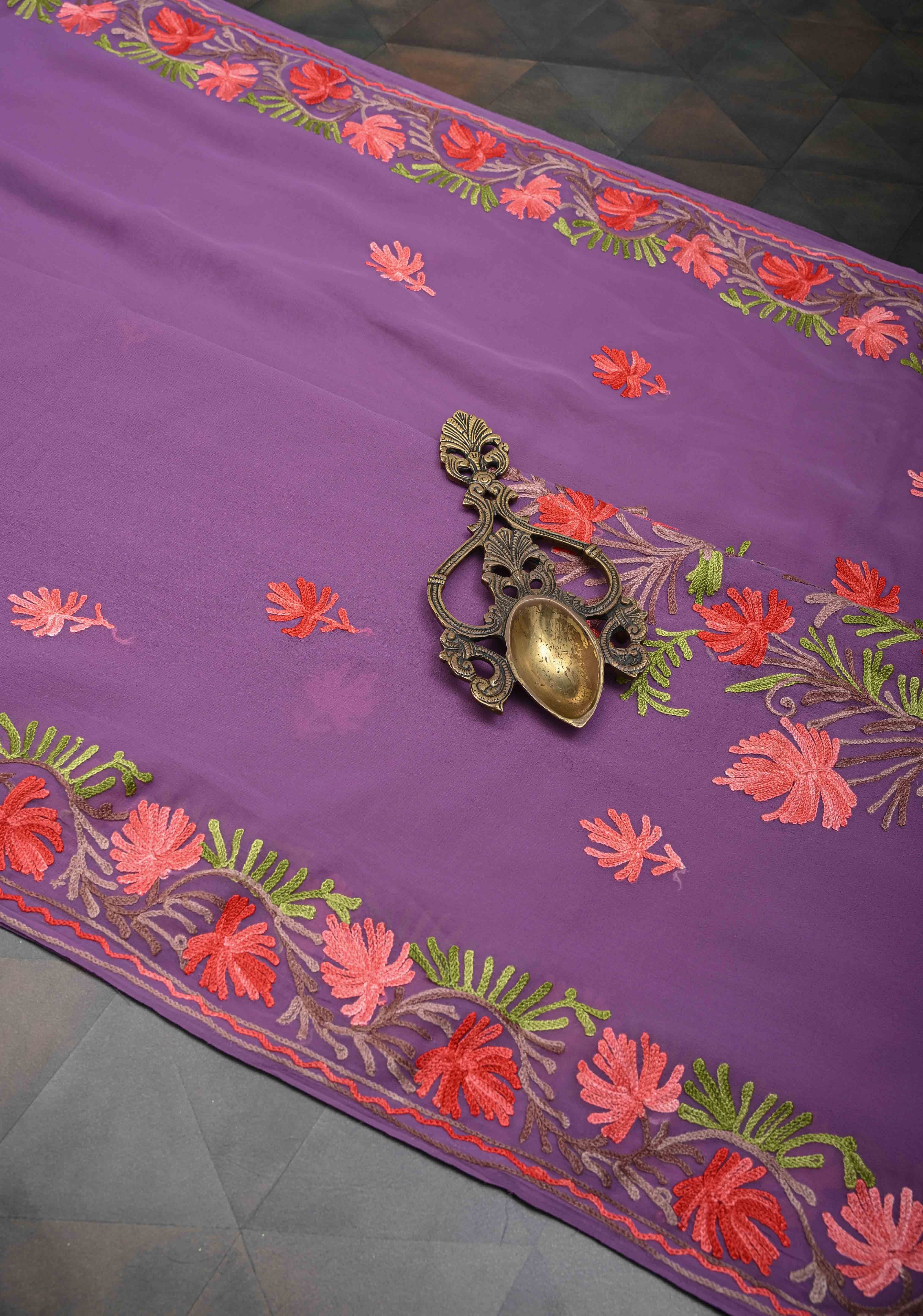 Dusty Purple Kashmiri Aari Georgette Saree with Floral Embroidery | Shobitam