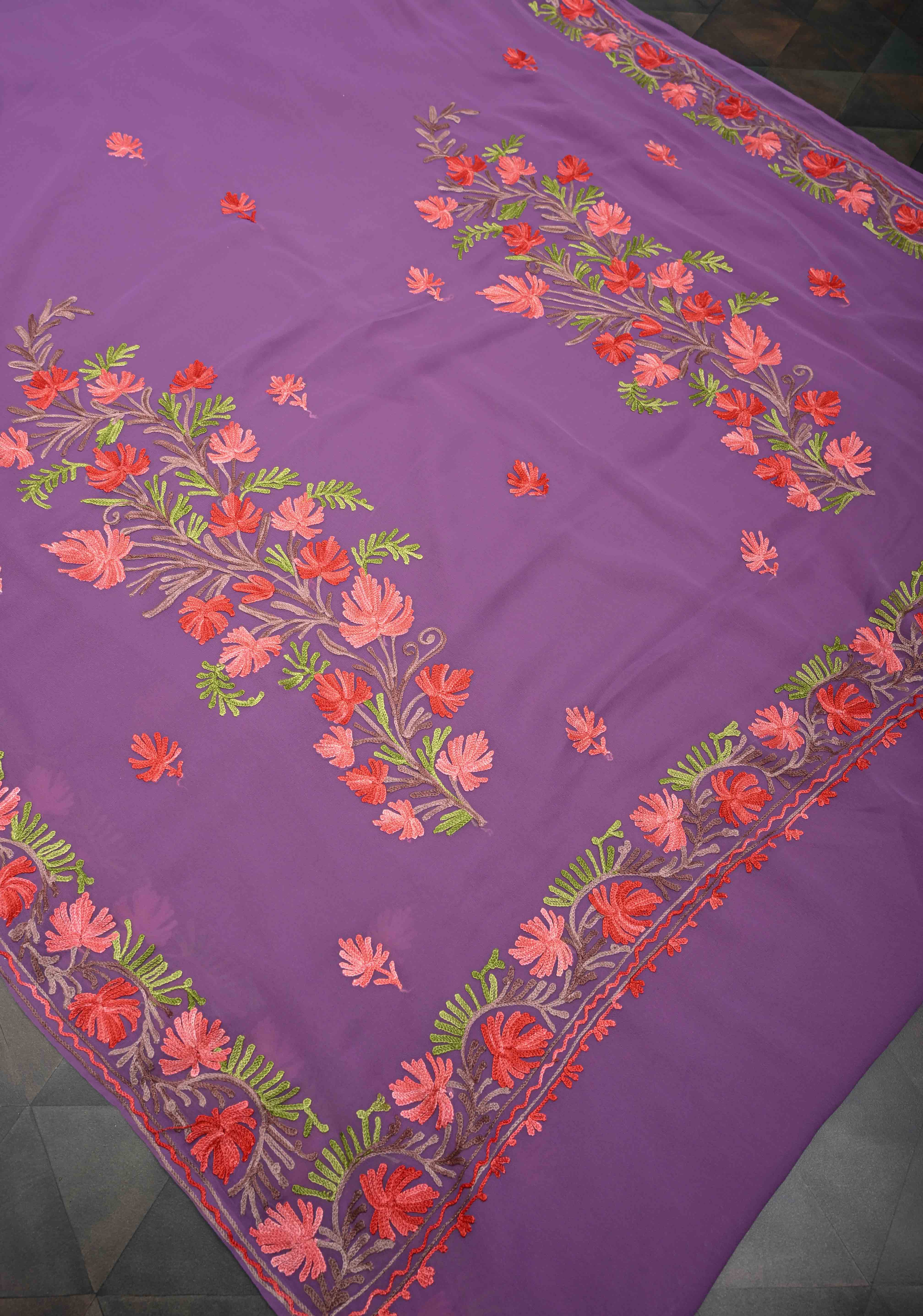 Dusty Purple Kashmiri Aari Georgette Saree with Floral Embroidery | Shobitam