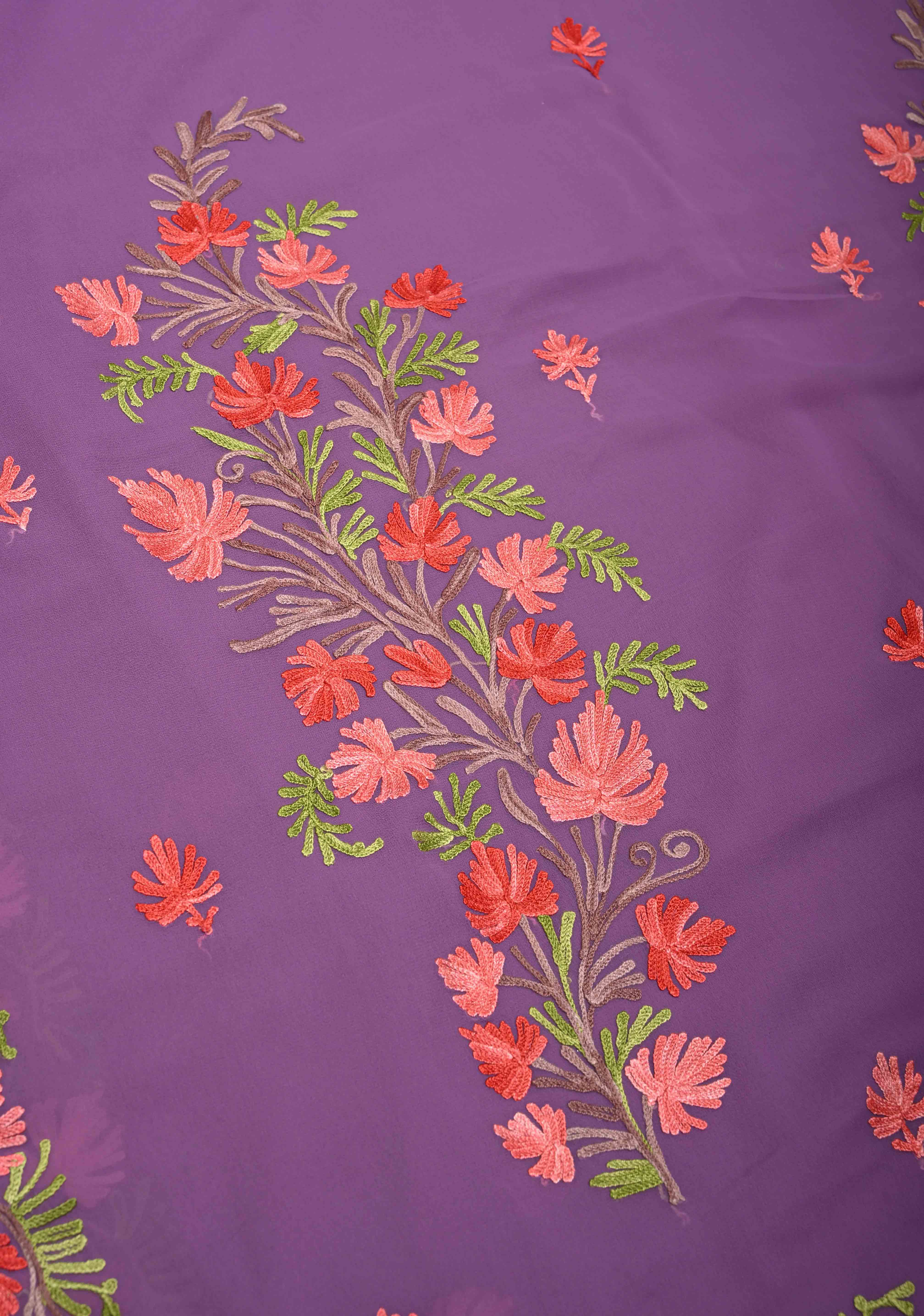 Dusty Purple Kashmiri Aari Georgette Saree with Floral Embroidery | Shobitam