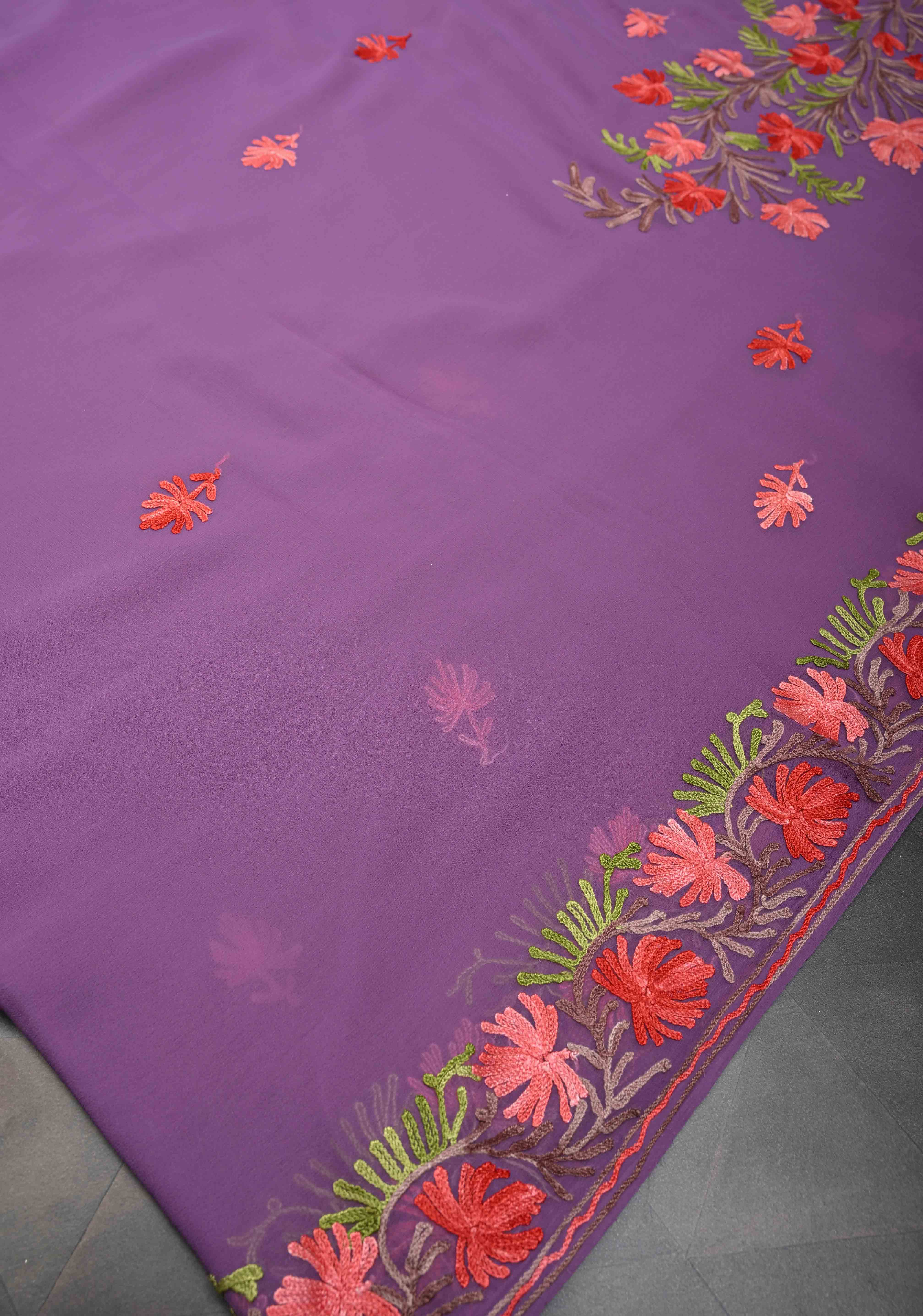Dusty Purple Kashmiri Aari Georgette Saree with Floral Embroidery | Shobitam
