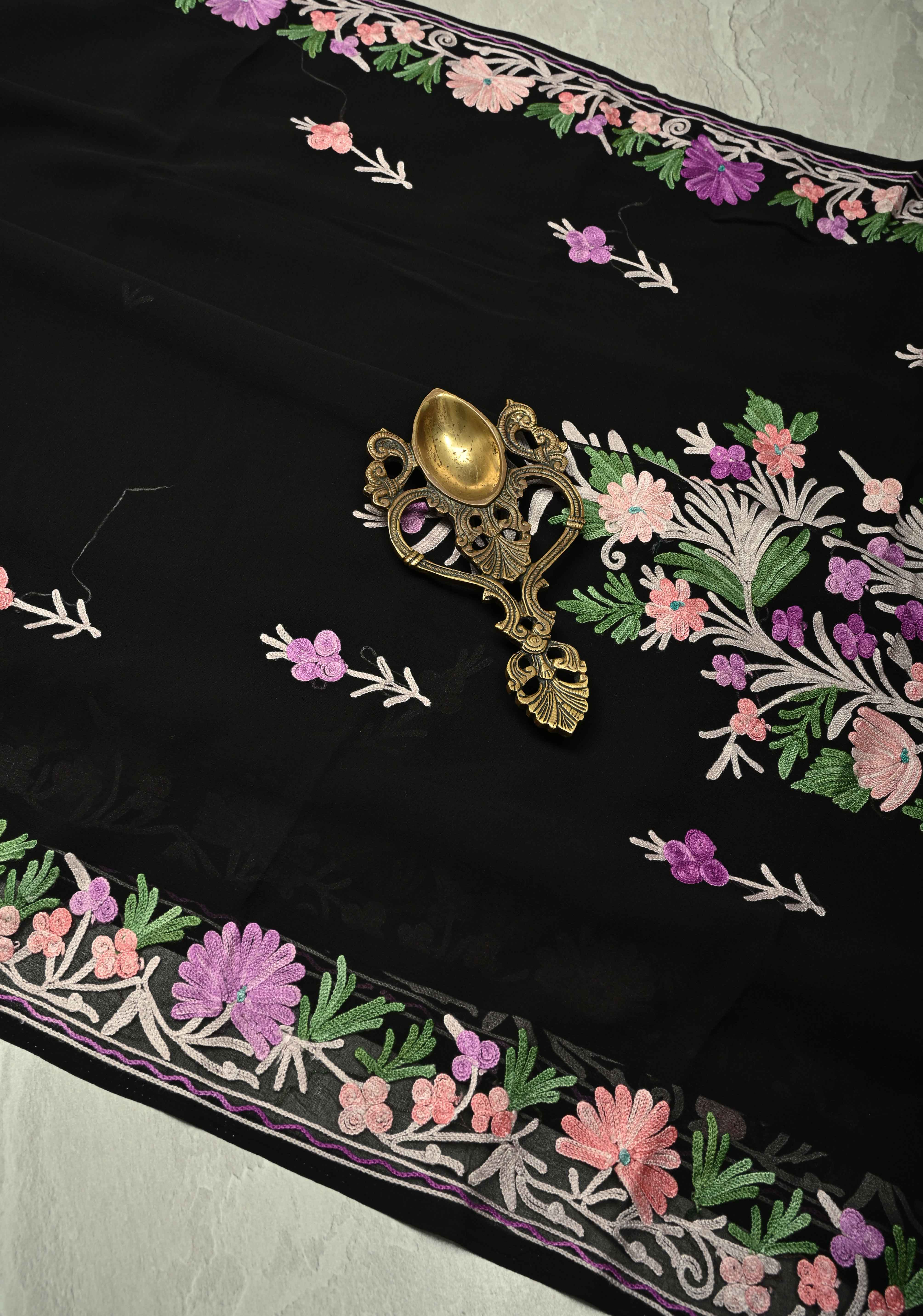 Black Kashmiri Aari Georgette Saree with Floral Embroidery | Shobitam