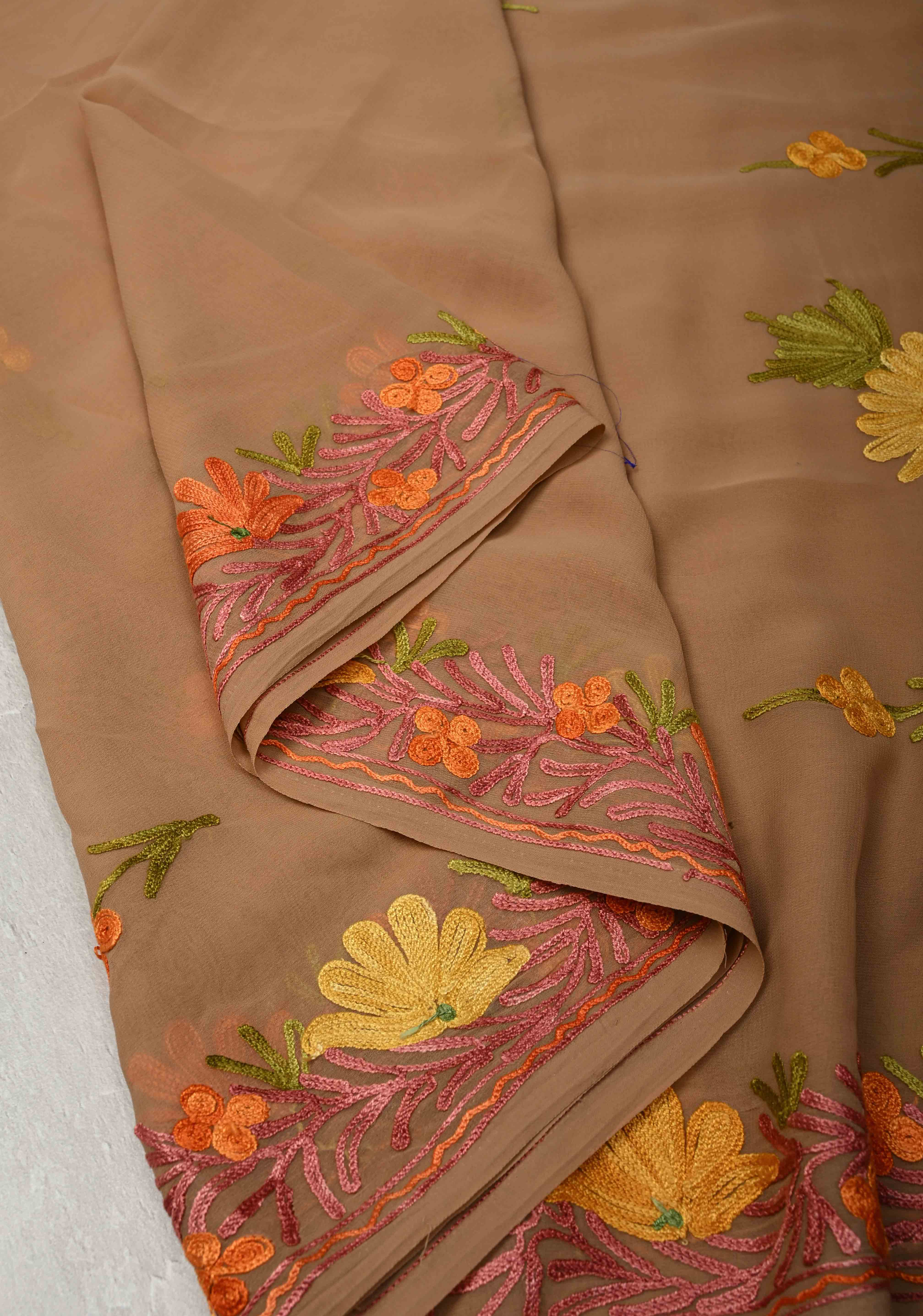 Tuscan Tan Kashmiri Aari Georgette Saree with Floral Embroidery | Shobitam