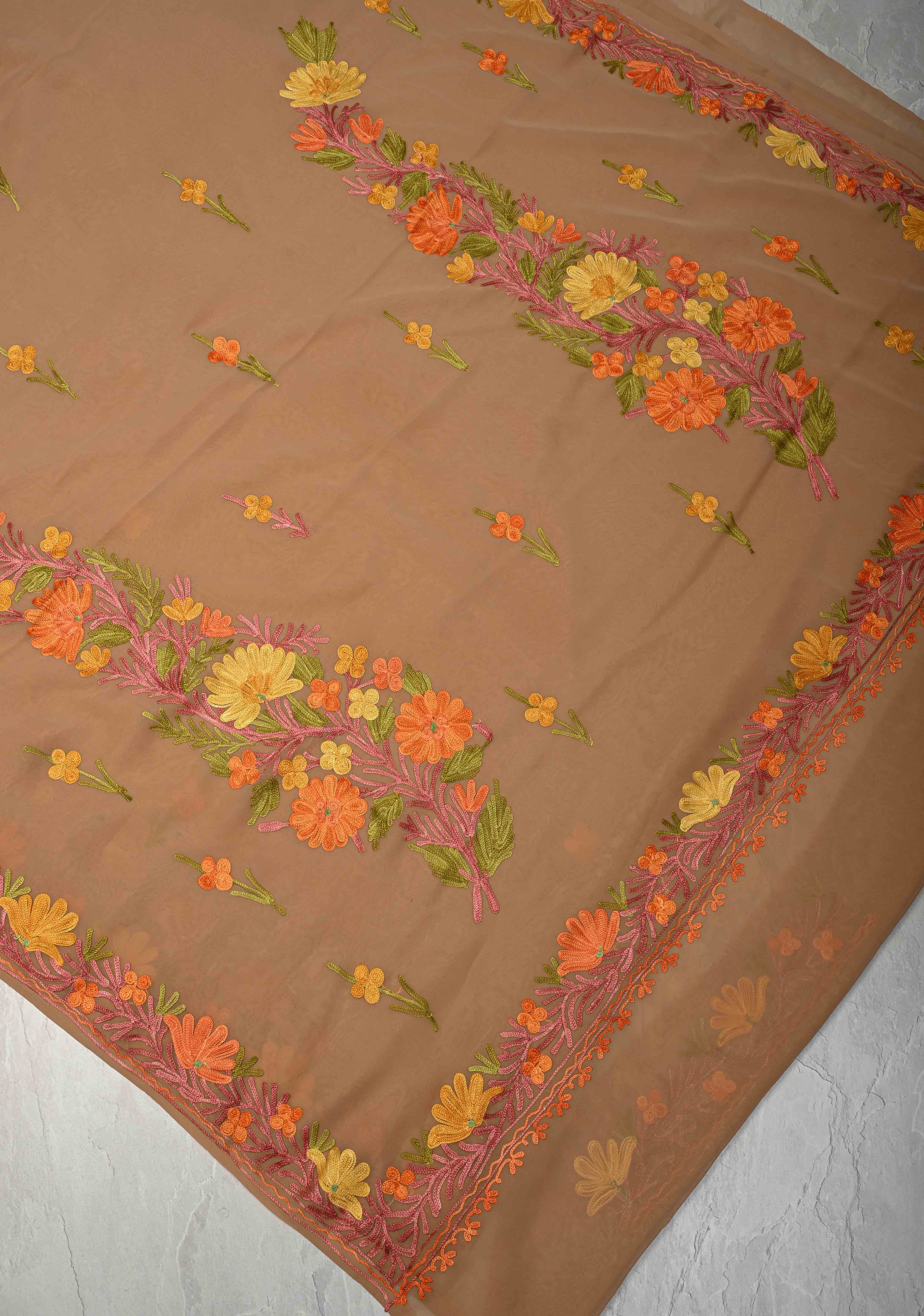 Tuscan Tan Kashmiri Aari Georgette Saree with Floral Embroidery | Shobitam
