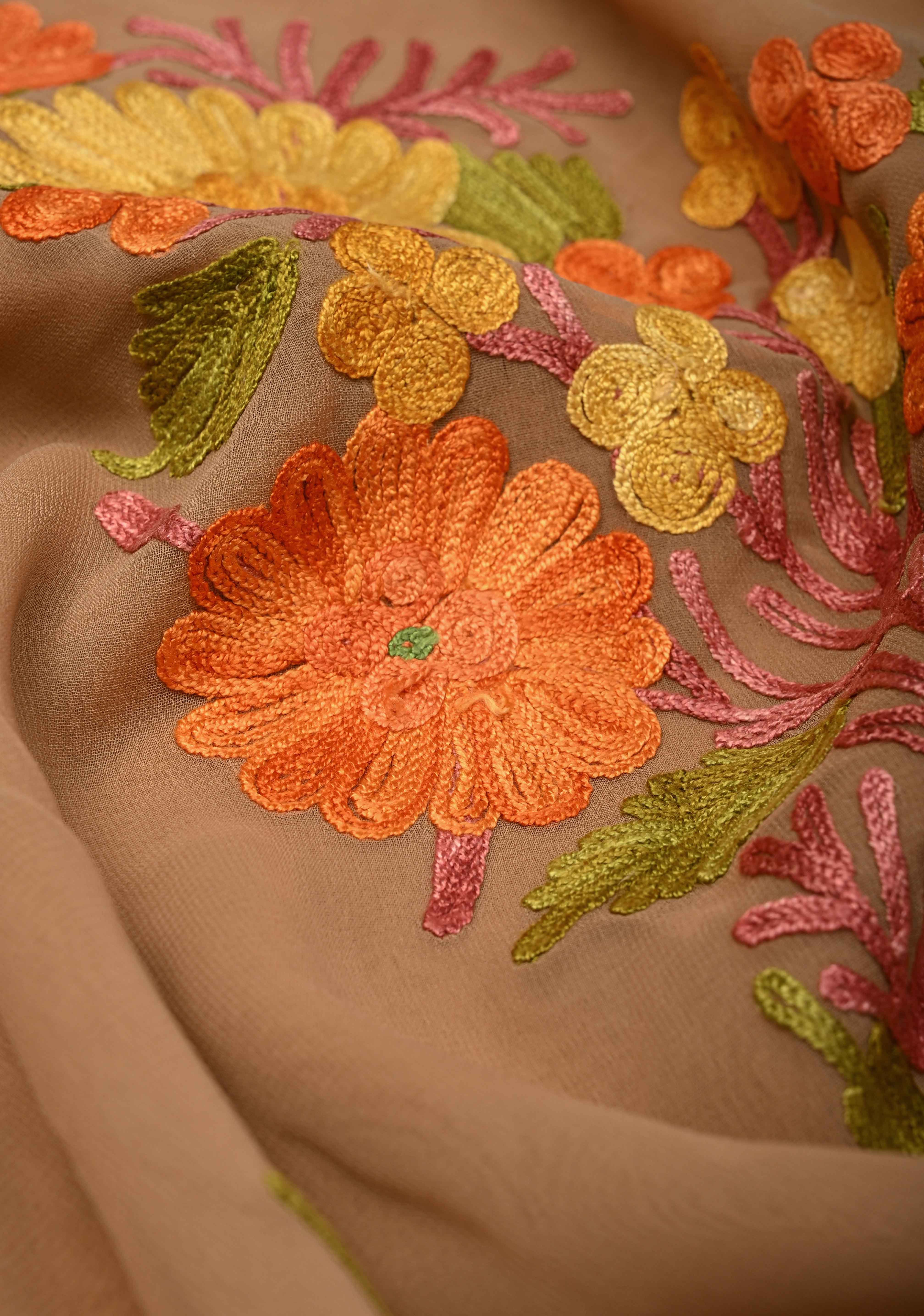 Tuscan Tan Kashmiri Aari Georgette Saree with Floral Embroidery | Shobitam