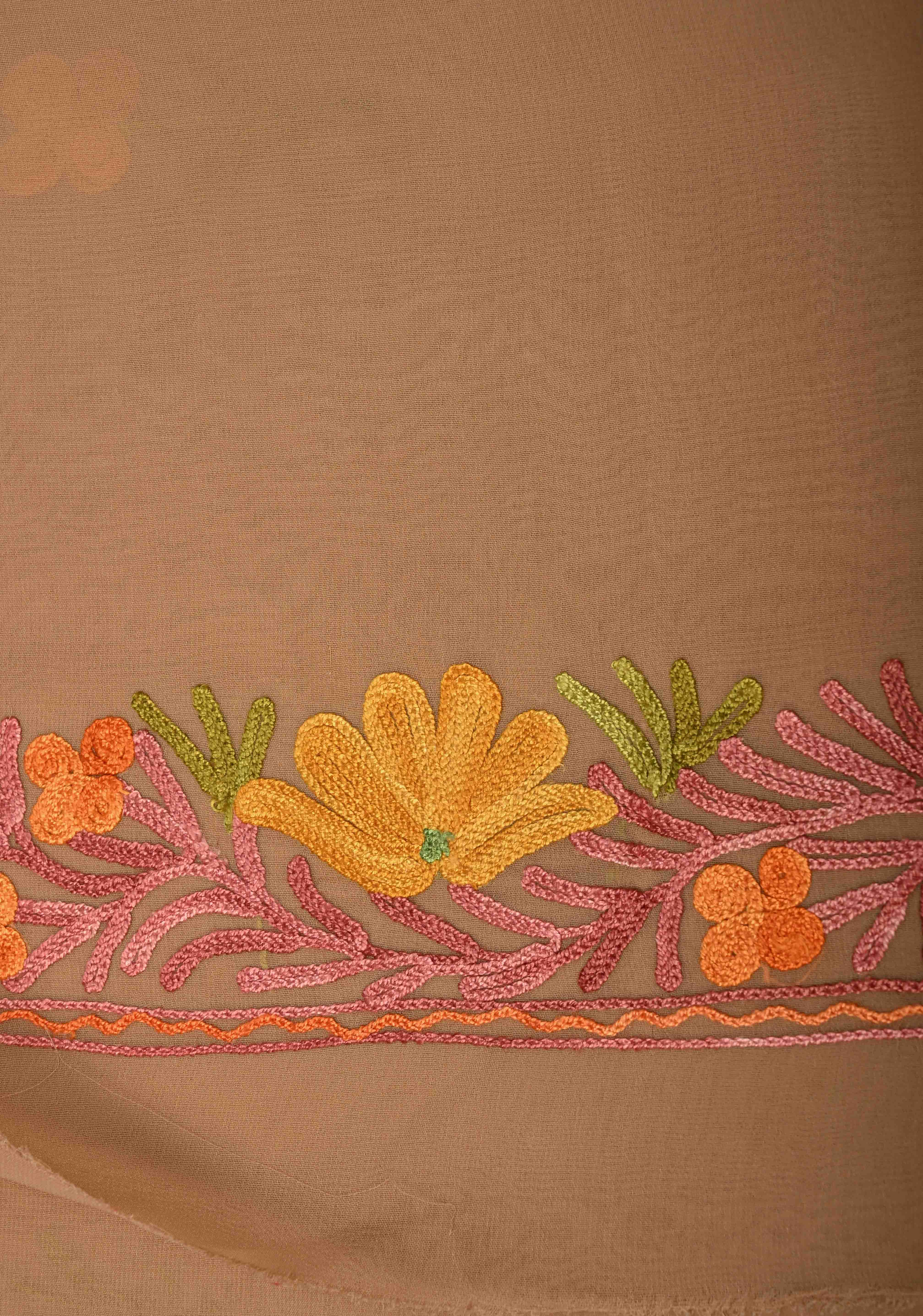 Tuscan Tan Kashmiri Aari Georgette Saree with Floral Embroidery | Shobitam