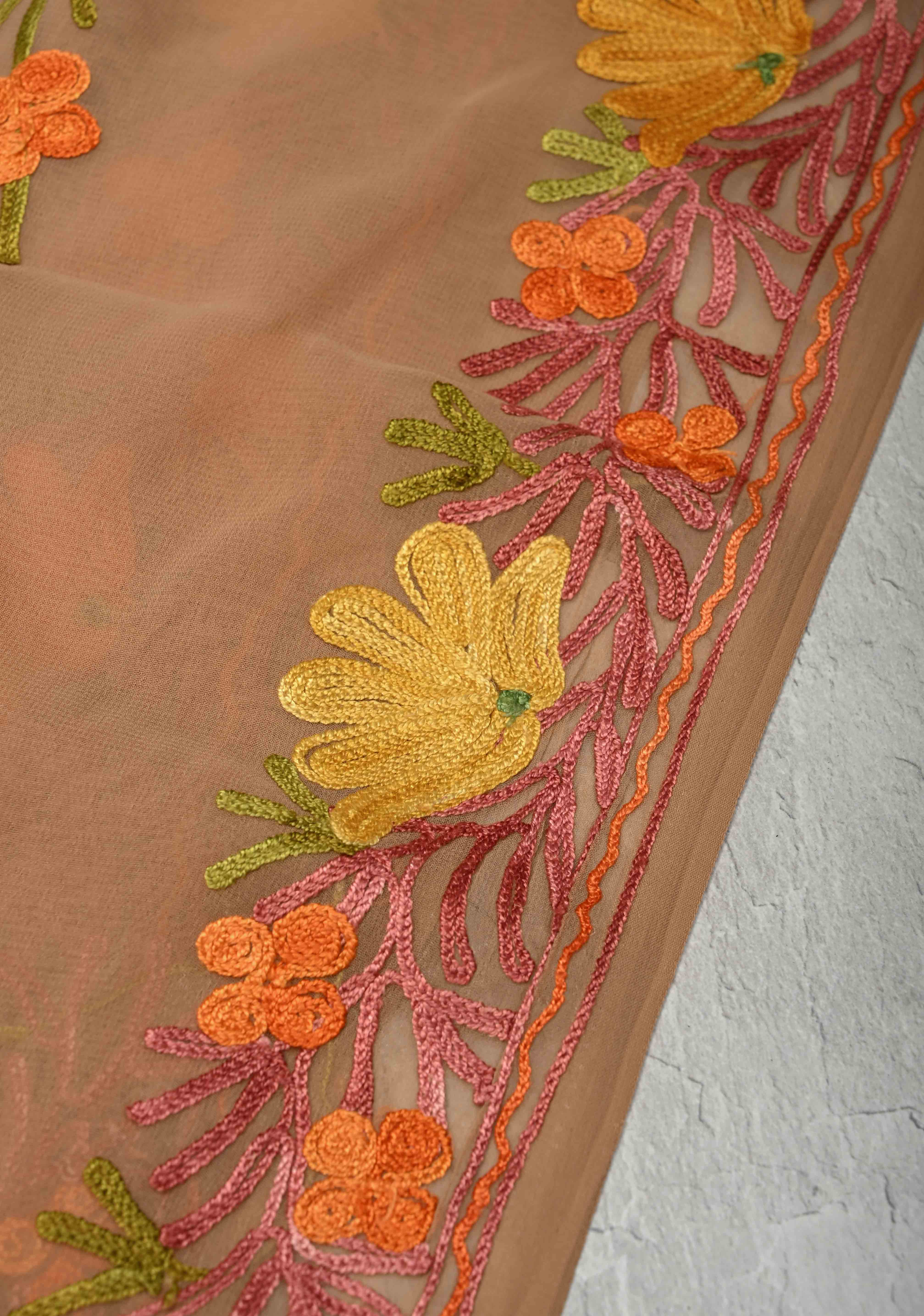 Tuscan Tan Kashmiri Aari Georgette Saree with Floral Embroidery | Shobitam
