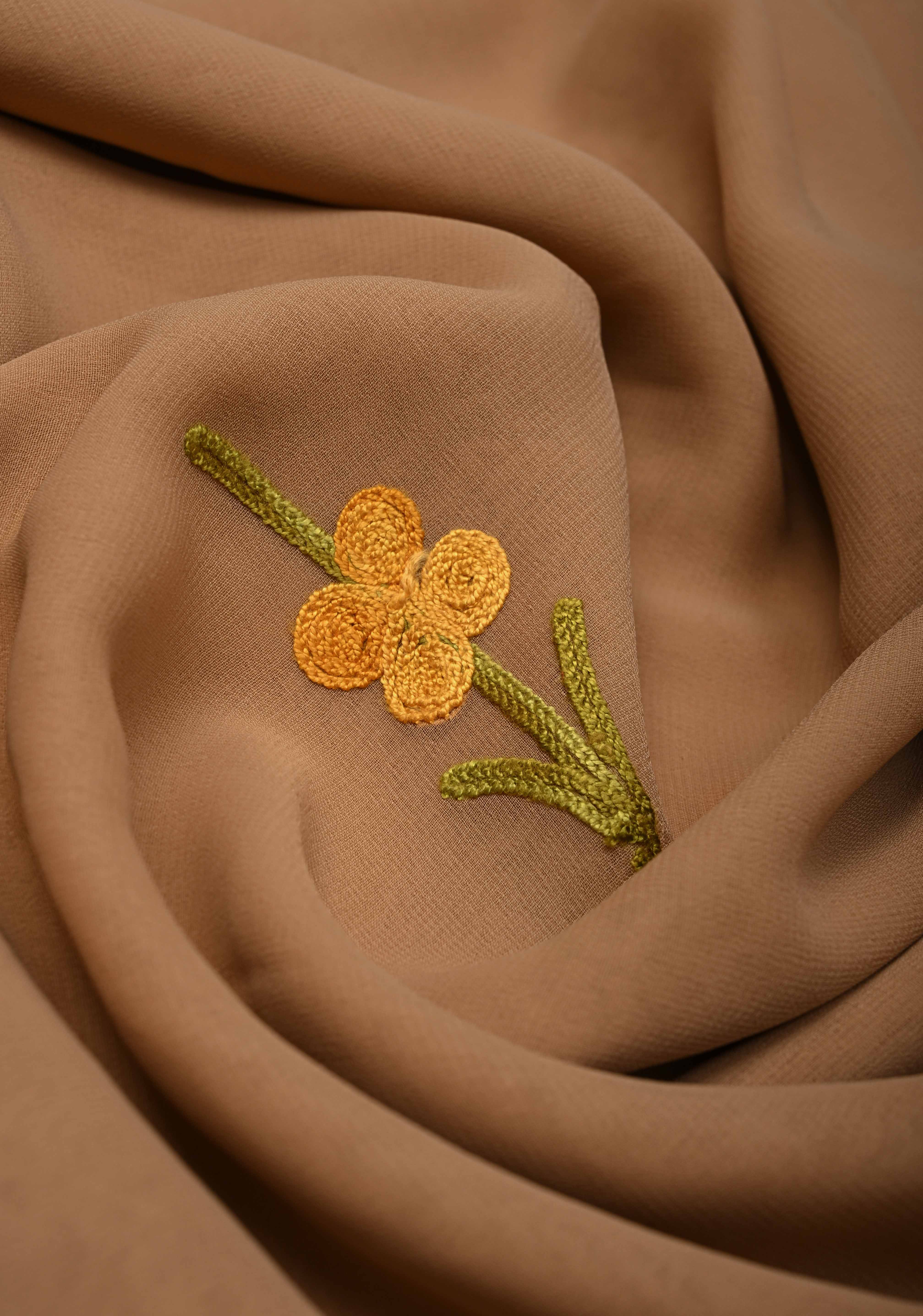 Tuscan Tan Kashmiri Aari Georgette Saree with Floral Embroidery | Shobitam