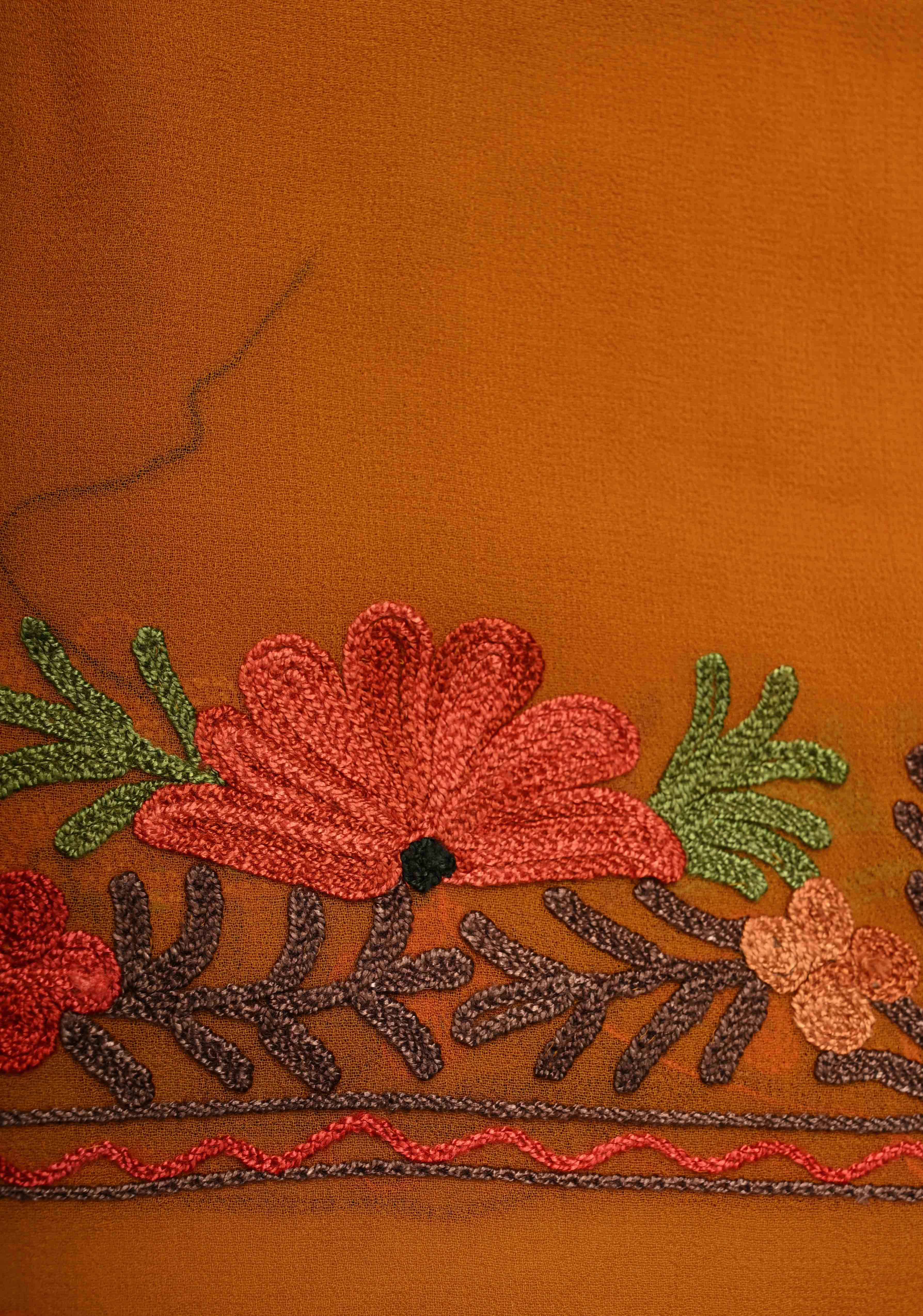 Light Brown Kashmiri Aari Georgette Saree with Floral Embroidery | Shobitam