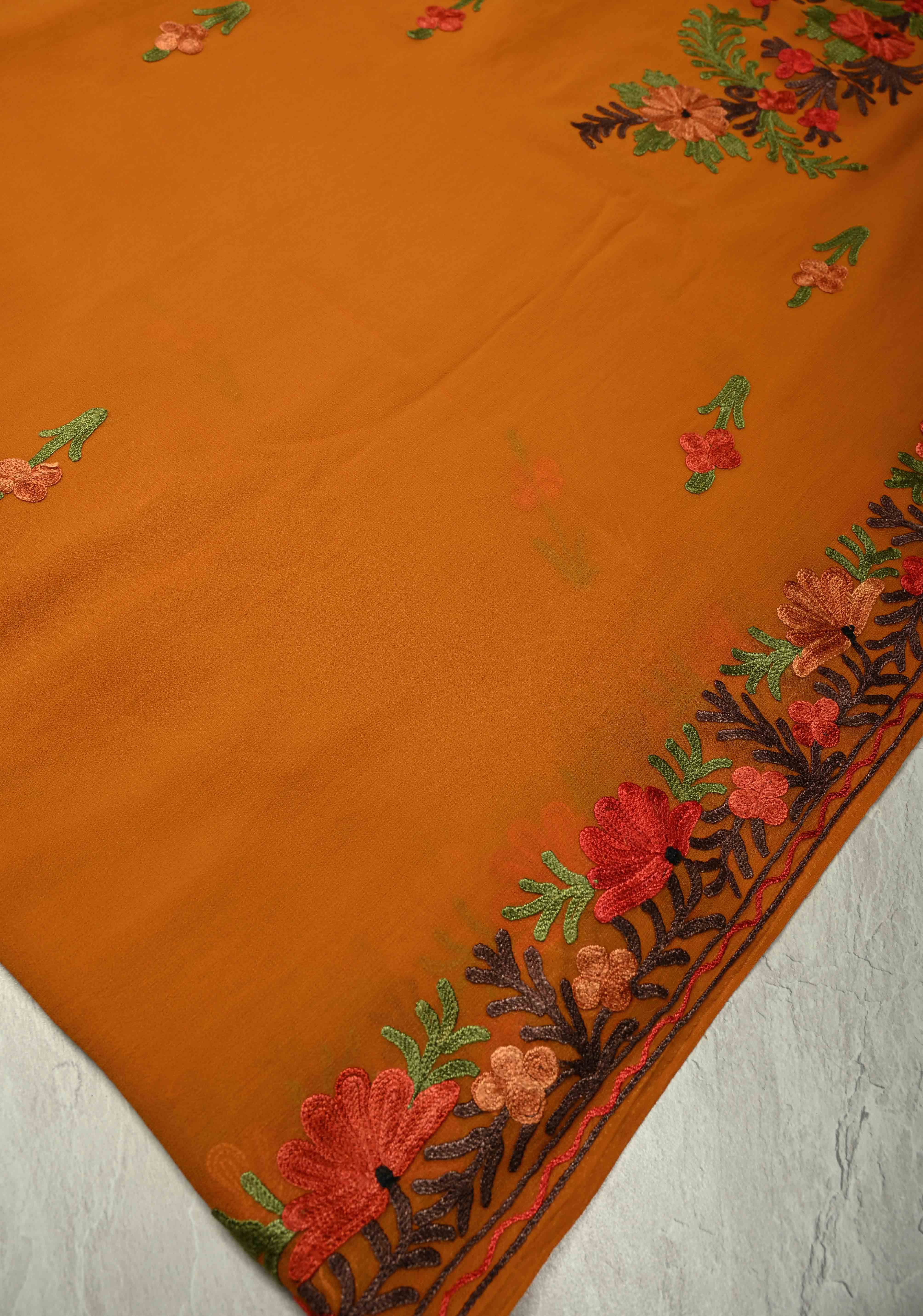 Light Brown Kashmiri Aari Georgette Saree with Floral Embroidery | Shobitam