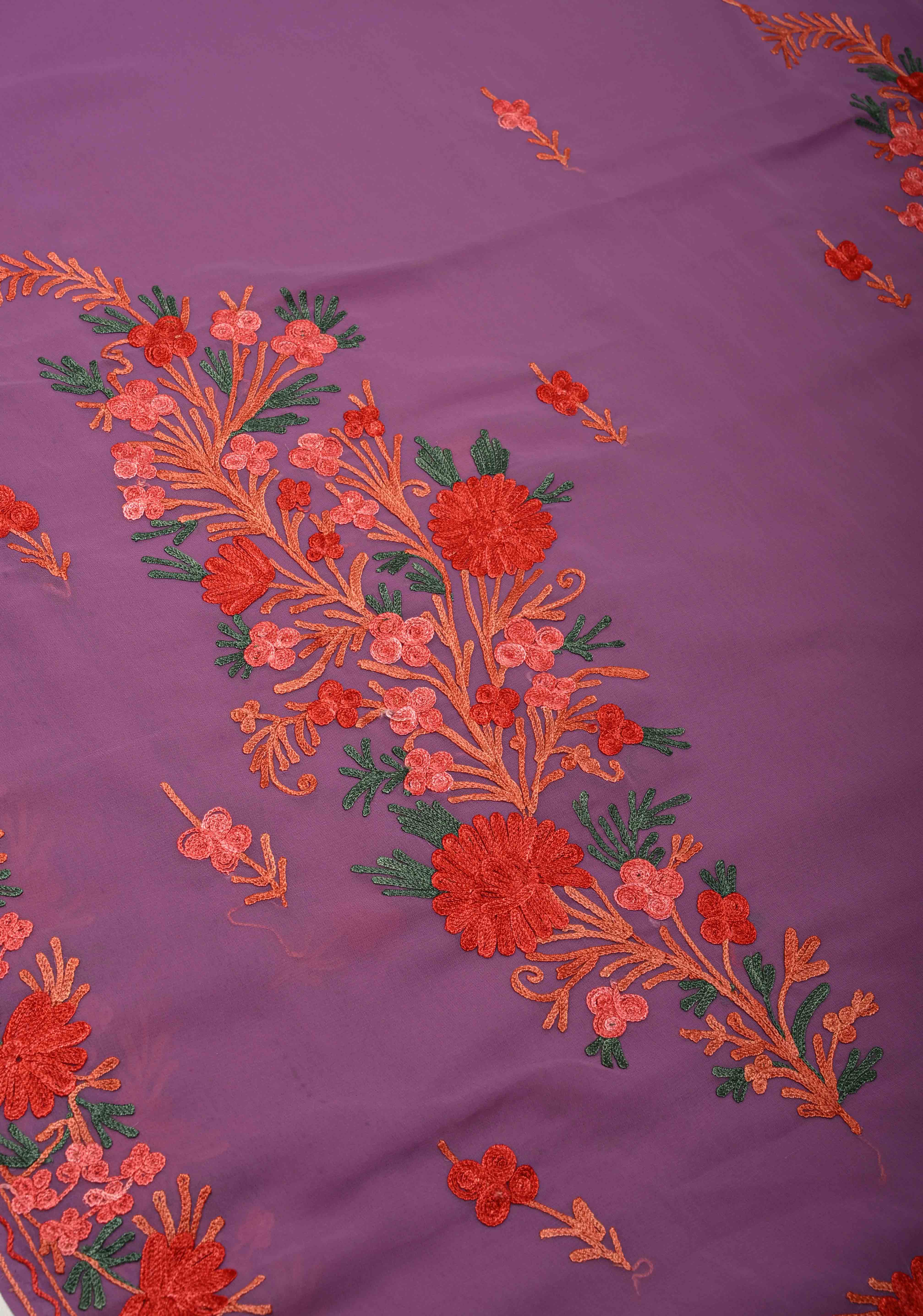 Purple Kashmiri Aari Georgette Saree with Floral Embroidery | Shobitam