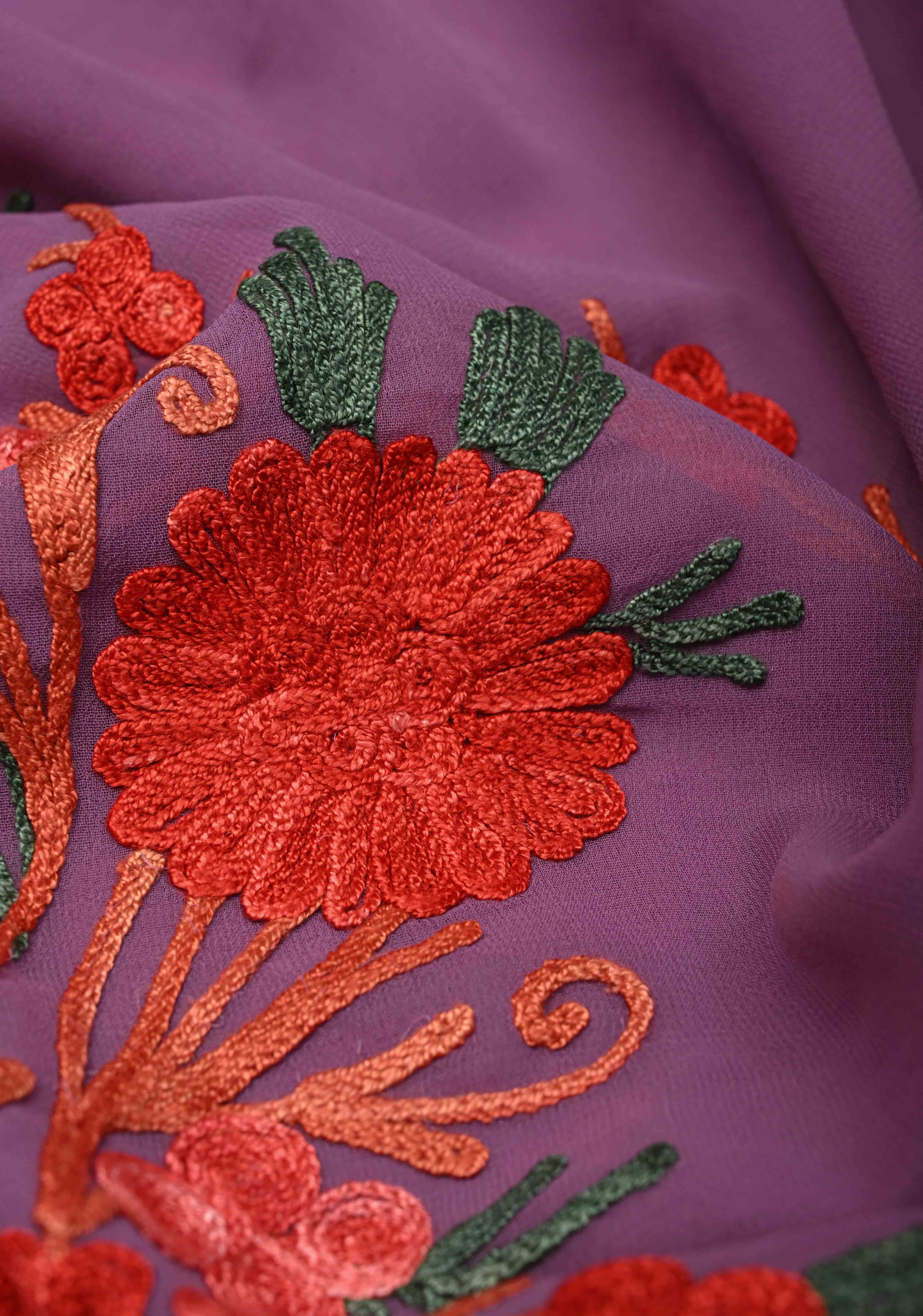 Purple Kashmiri Aari Georgette Saree with Floral Embroidery | Shobitam