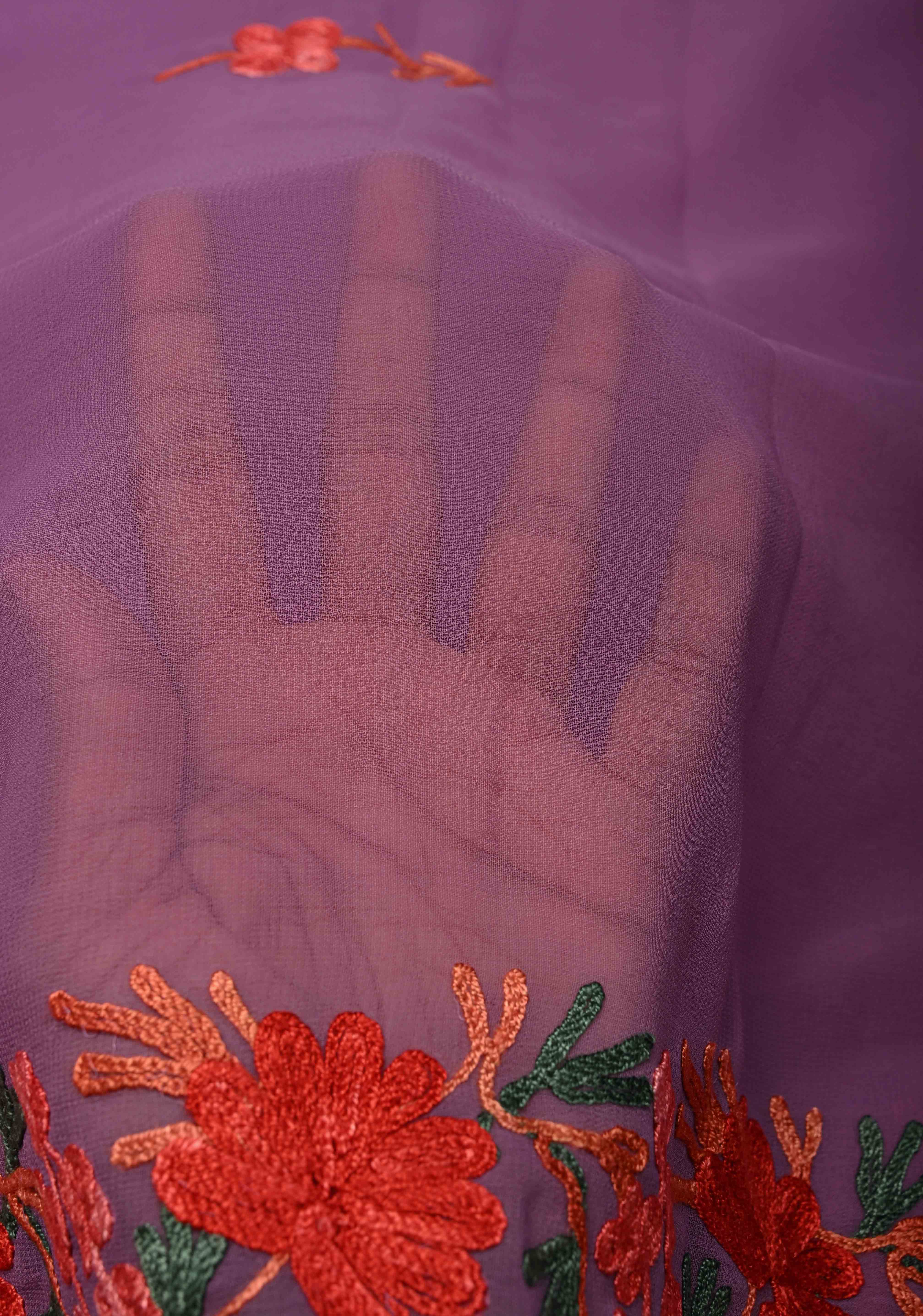 Purple Kashmiri Aari Georgette Saree with Floral Embroidery | Shobitam