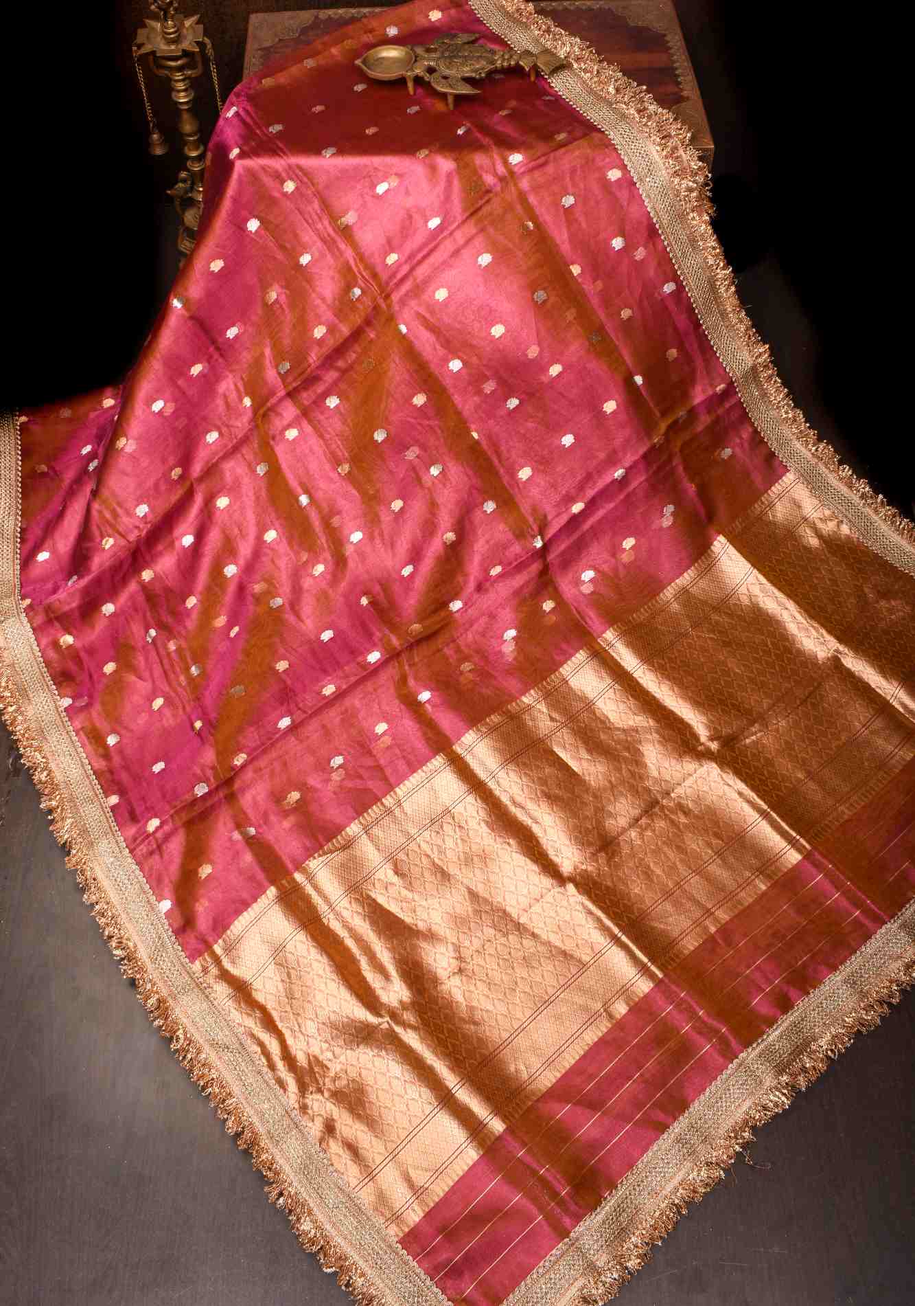 Pre Order Trendy Pure Banarasi Tissue Silk Saree in Pink Dual Tone with Fancy Lace Trim | SILK MARK CERTIFIED   Ready To Wear Saree