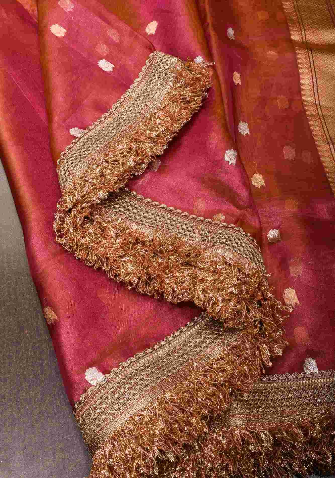 Pre Order Trendy Pure Banarasi Tissue Silk Saree in Pink Dual Tone with Fancy Lace Trim | SILK MARK CERTIFIED   Ready To Wear Saree