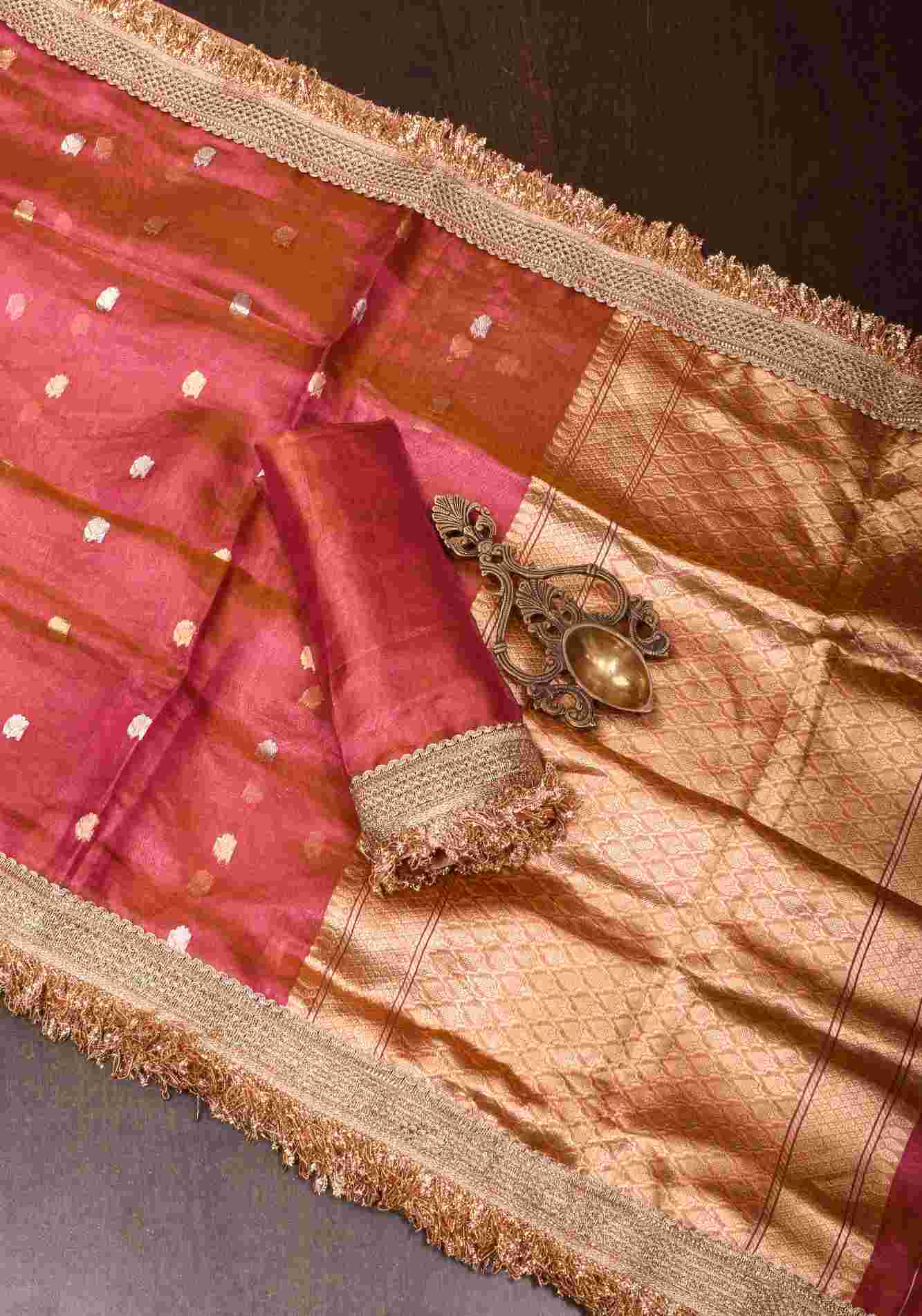 Pre Order Trendy Pure Banarasi Tissue Silk Saree in Pink Dual Tone with Fancy Lace Trim | SILK MARK CERTIFIED   Ready To Wear Saree