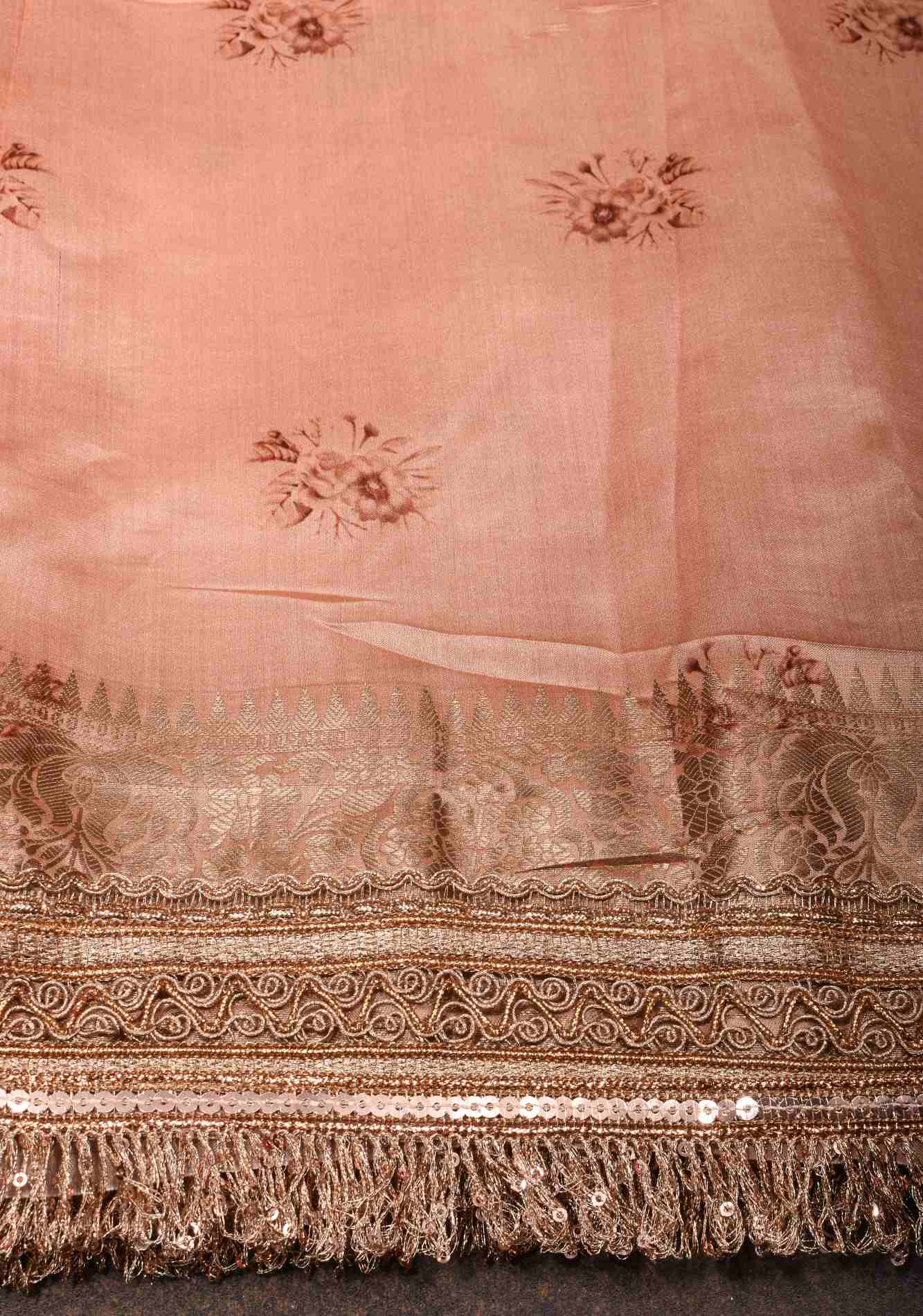 Pinkish Tan Pure Organza Silk Saree with Floral Digital Print and Lace Trim Border | SILK MARK CERTIFIED Ready To Wear Saree