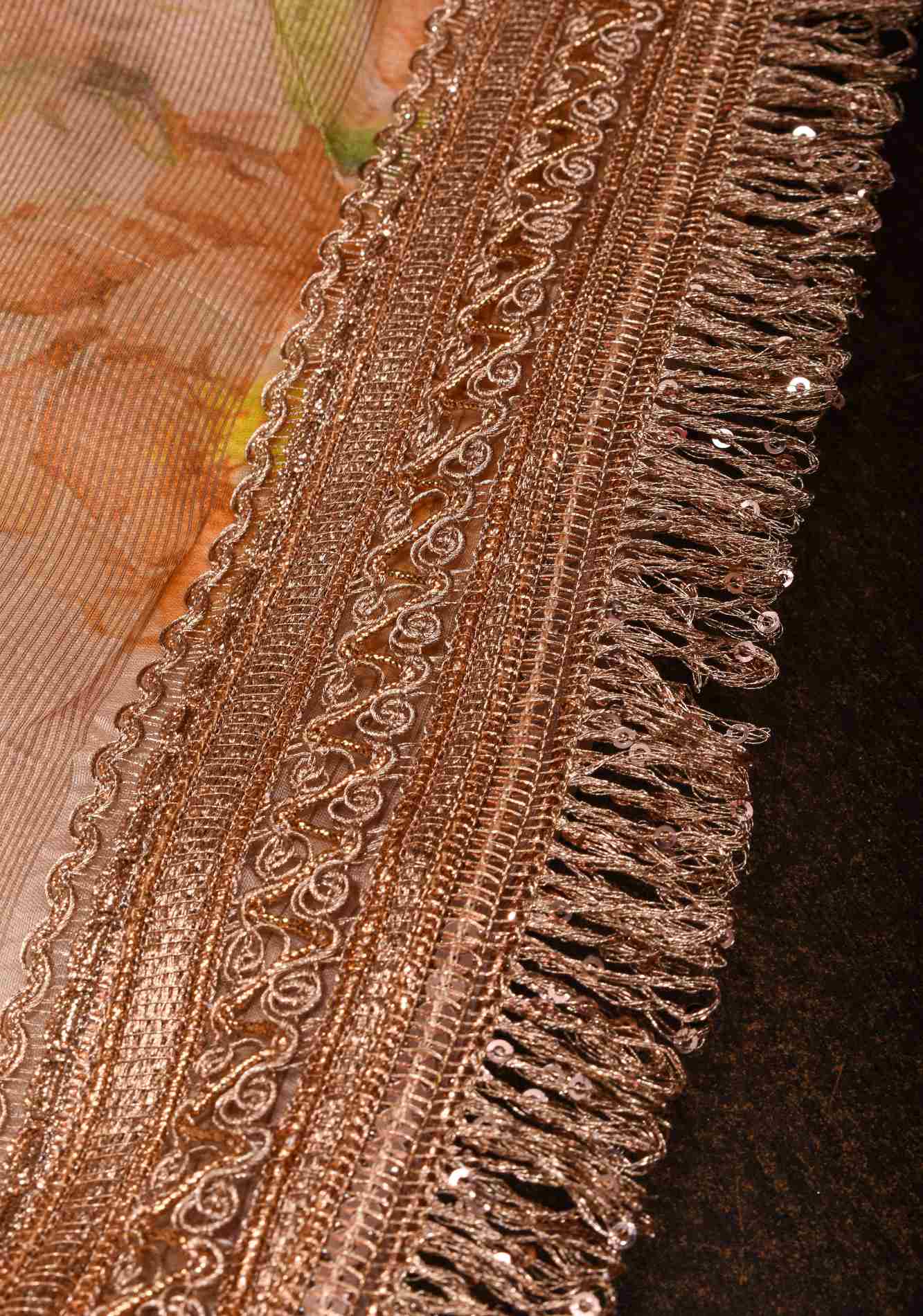 Pinkish Tan Pure Organza Silk Saree with Floral Digital Print and Lace Trim Border | SILK MARK CERTIFIED Ready To Wear Saree