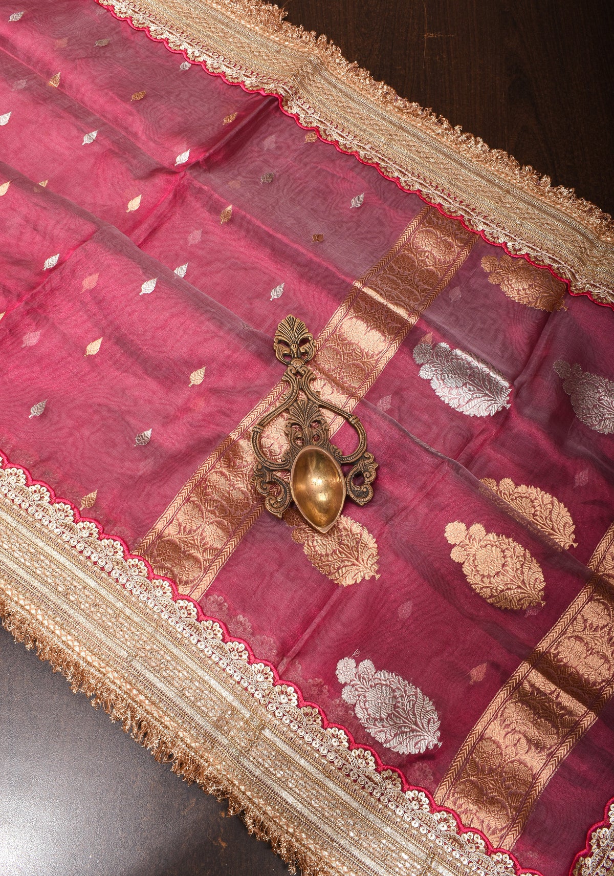 Trendy Pure Banarasi Tissue Silk Saree in Pinkish Red with Fancy Lace Trim and Sona Rupa Floral Buttas | SILK MARK CERTIFIED | SHOBITAM
