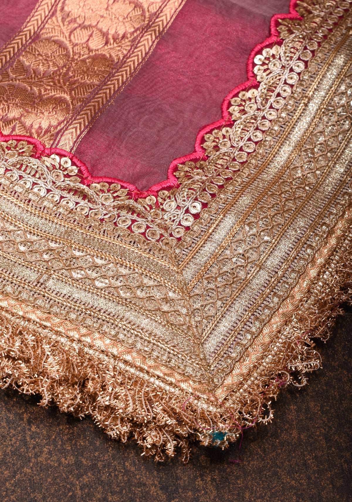 Trendy Pure Banarasi Tissue Silk Saree in Pinkish Red with Fancy Lace Trim and Sona Rupa Floral Buttas | SILK MARK CERTIFIED | SHOBITAM