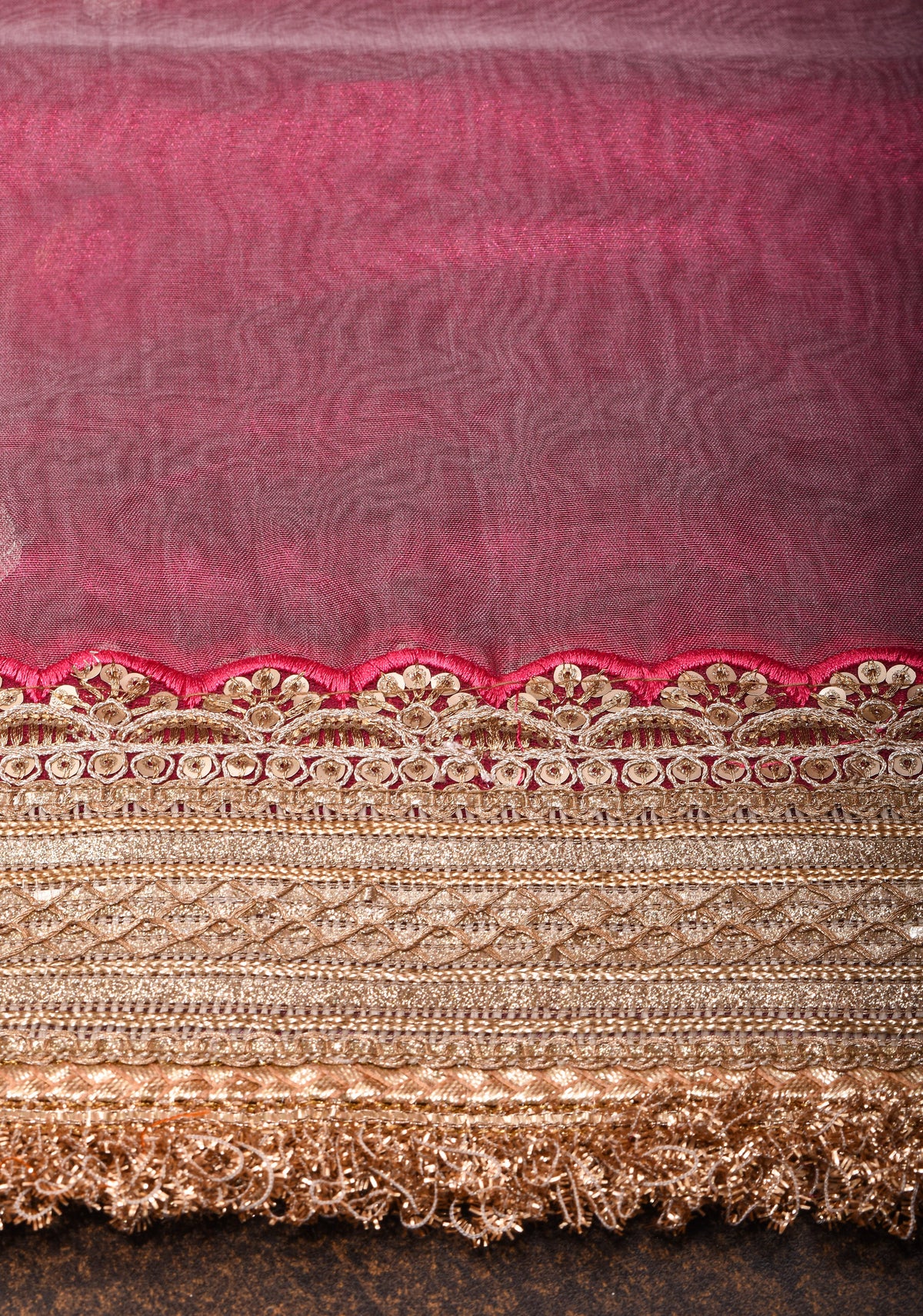 Trendy Pure Banarasi Tissue Silk Saree in Pinkish Red with Fancy Lace Trim and Sona Rupa Floral Buttas | SILK MARK CERTIFIED | SHOBITAM