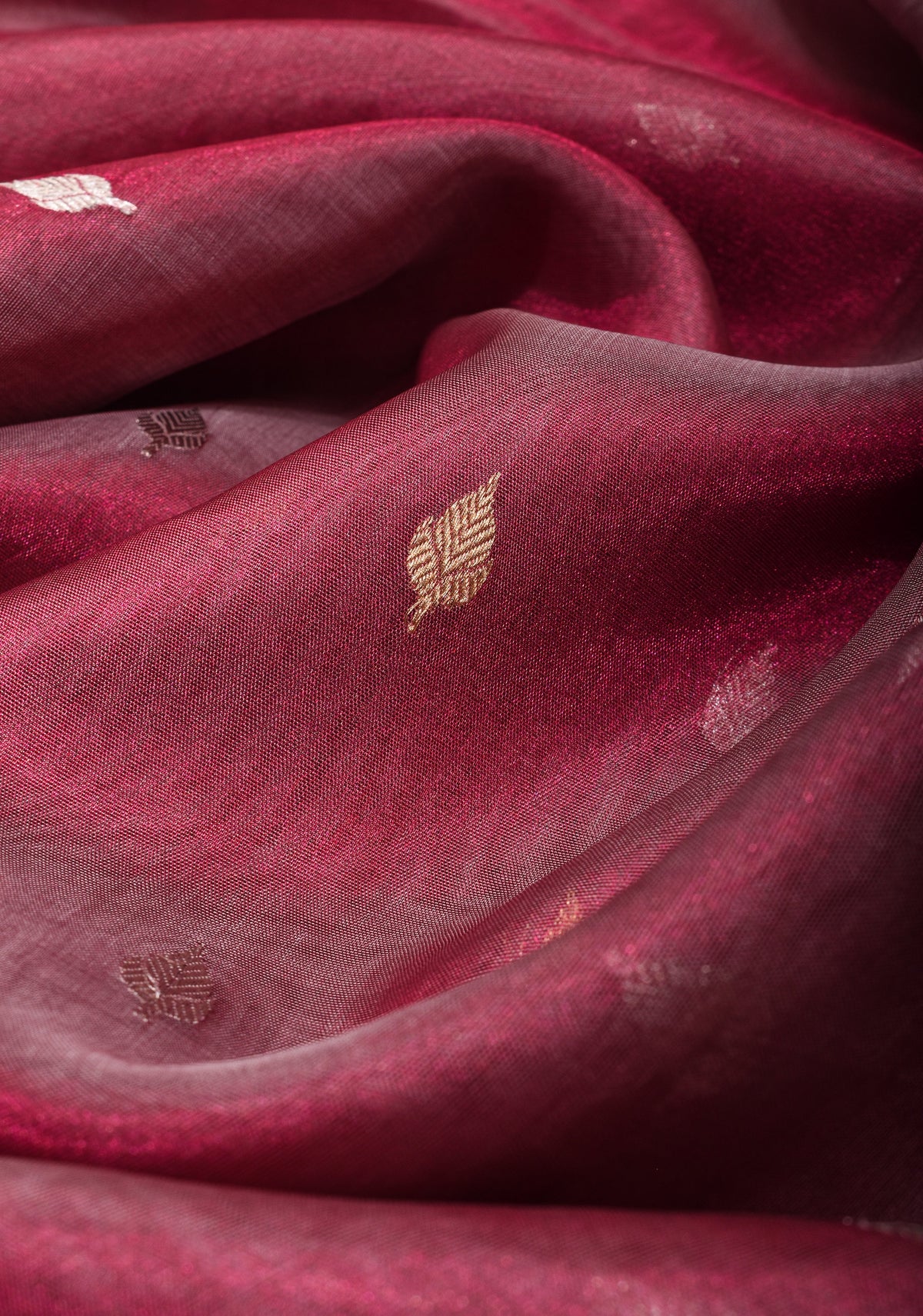 Trendy Pure Banarasi Tissue Silk Saree in Pinkish Red with Fancy Lace Trim and Sona Rupa Floral Buttas | SILK MARK CERTIFIED | SHOBITAM