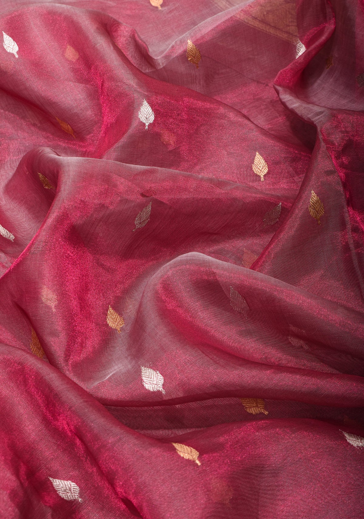 Trendy Pure Banarasi Tissue Silk Saree in Pinkish Red with Fancy Lace Trim and Sona Rupa Floral Buttas | SILK MARK CERTIFIED | SHOBITAM