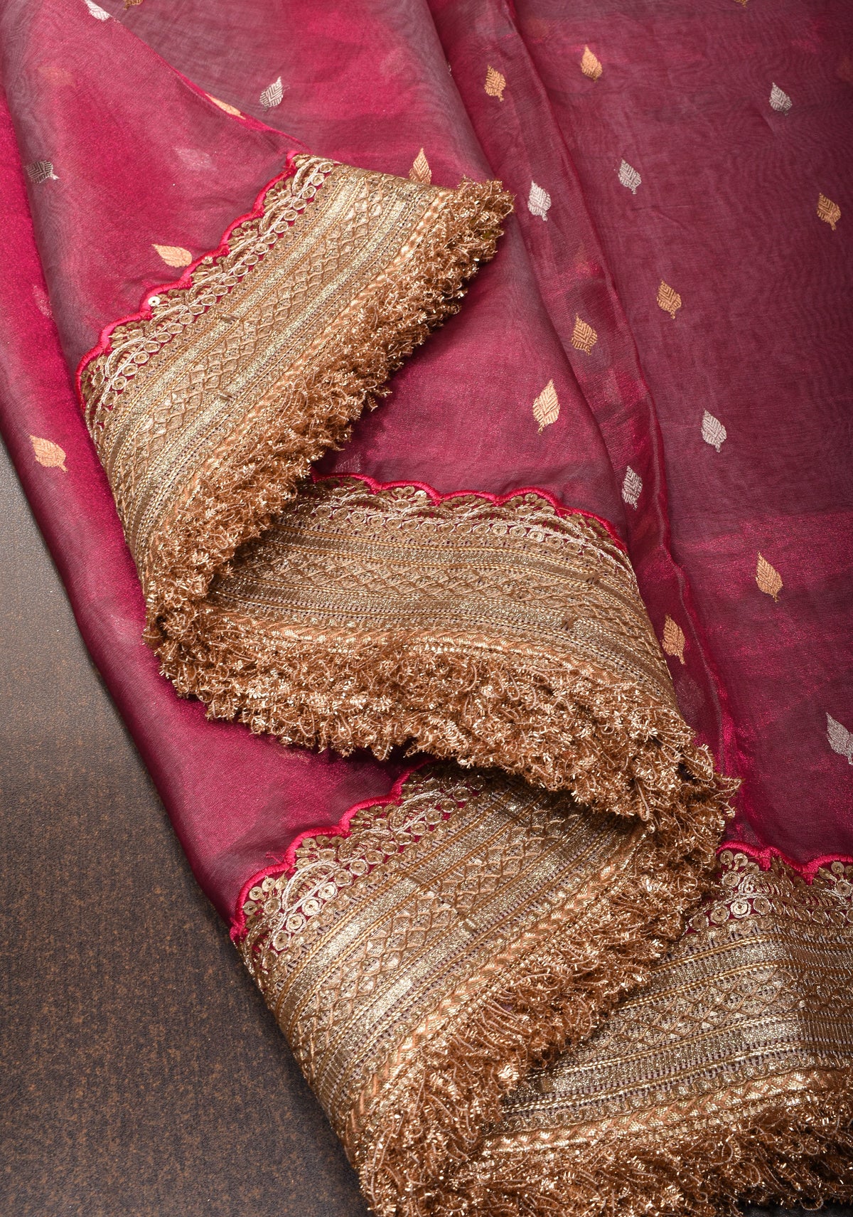 Trendy Pure Banarasi Tissue Silk Saree in Pinkish Red with Fancy Lace Trim and Sona Rupa Floral Buttas | SILK MARK CERTIFIED | SHOBITAM