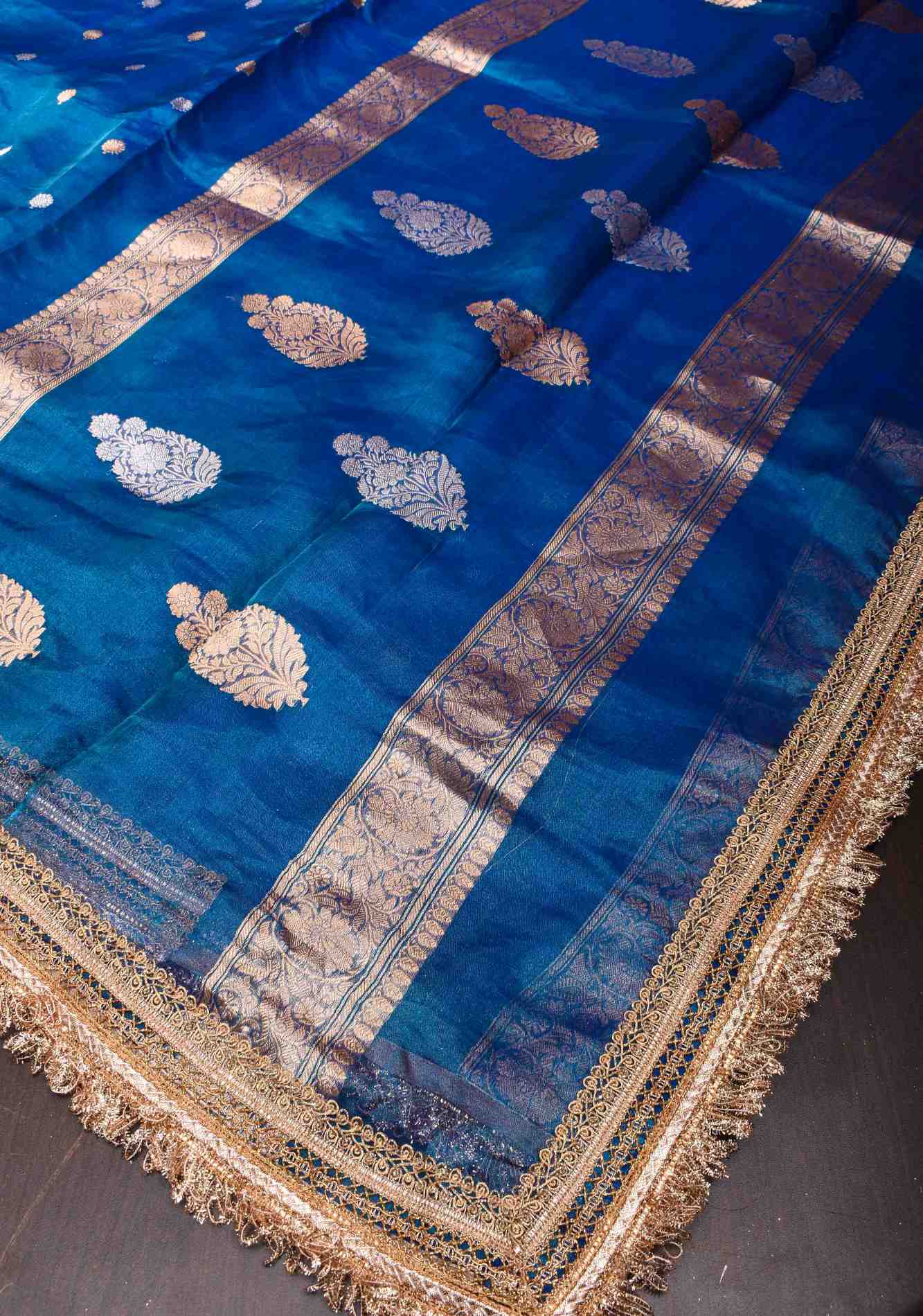 Cobalt Blue Banarasi Tissue Handloom Saree with Sona Rupa Buttis and Lace Border| SILK MARK CERTIFIED Ready T o Wear Saree