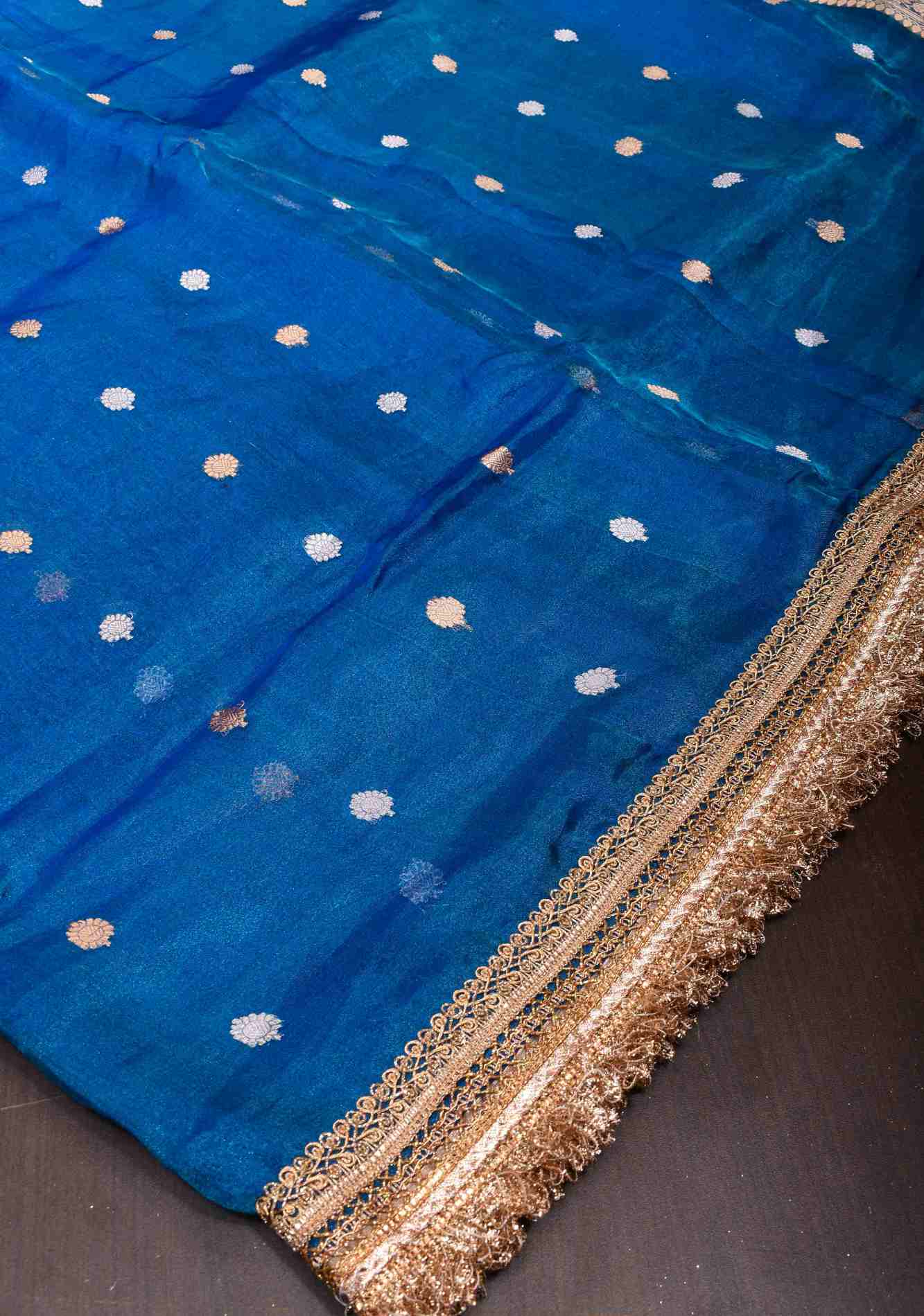 Cobalt Blue Banarasi Tissue Handloom Saree with Sona Rupa Buttis and Lace Border| SILK MARK CERTIFIED Ready T o Wear Saree