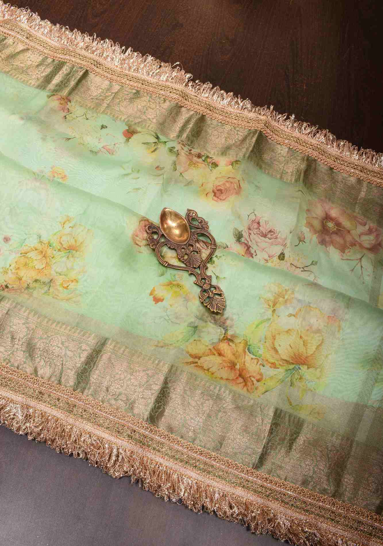 Pure Organza Silk Saree in Green with Floral Digital Print and Lace Trim Border | SILK MARK CERTIFIED Ready To Wear Saree