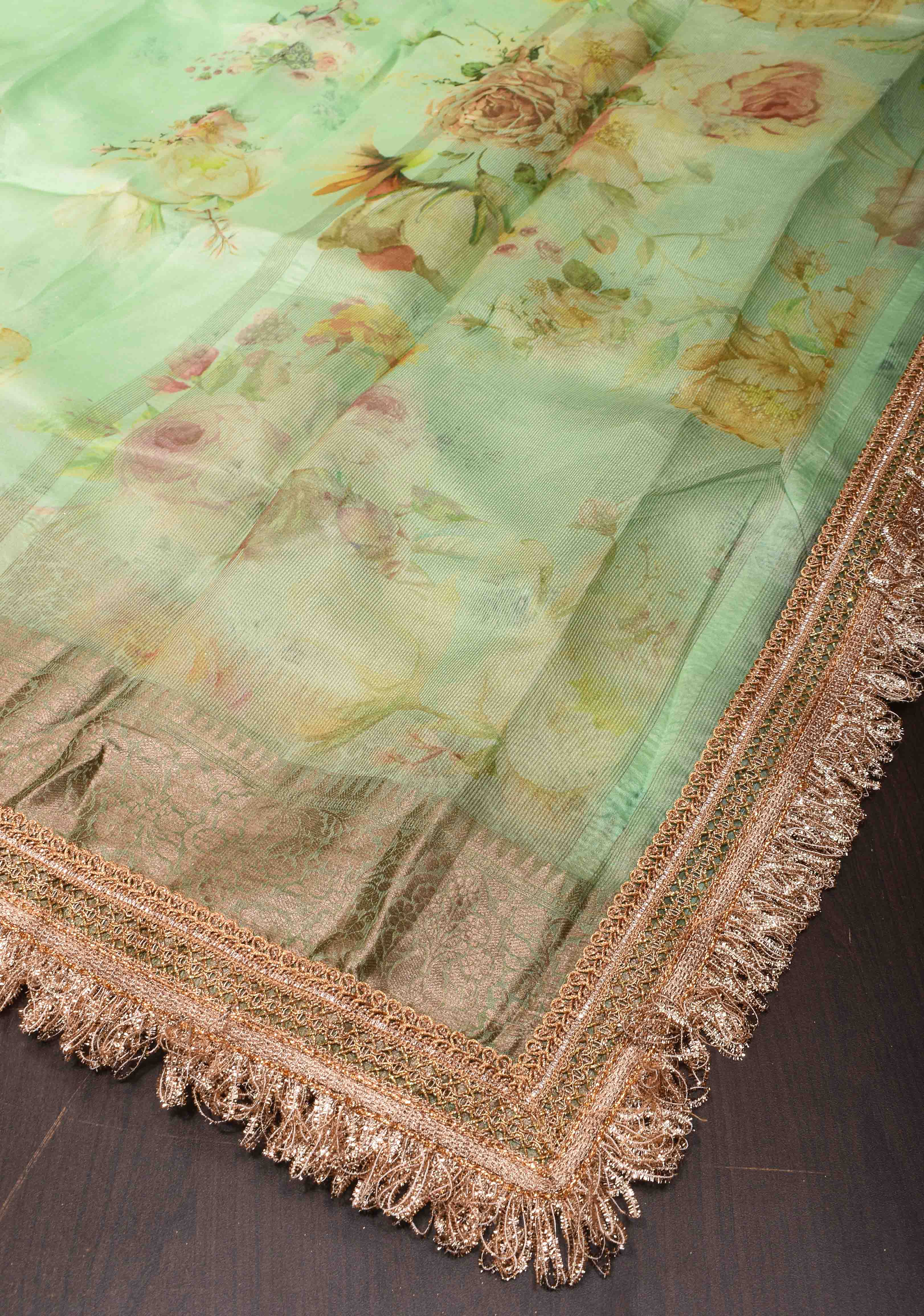 Pure Organza Silk Saree in Green with Floral Digital Print and Lace Trim Border | SILK MARK CERTIFIED | Shobitam