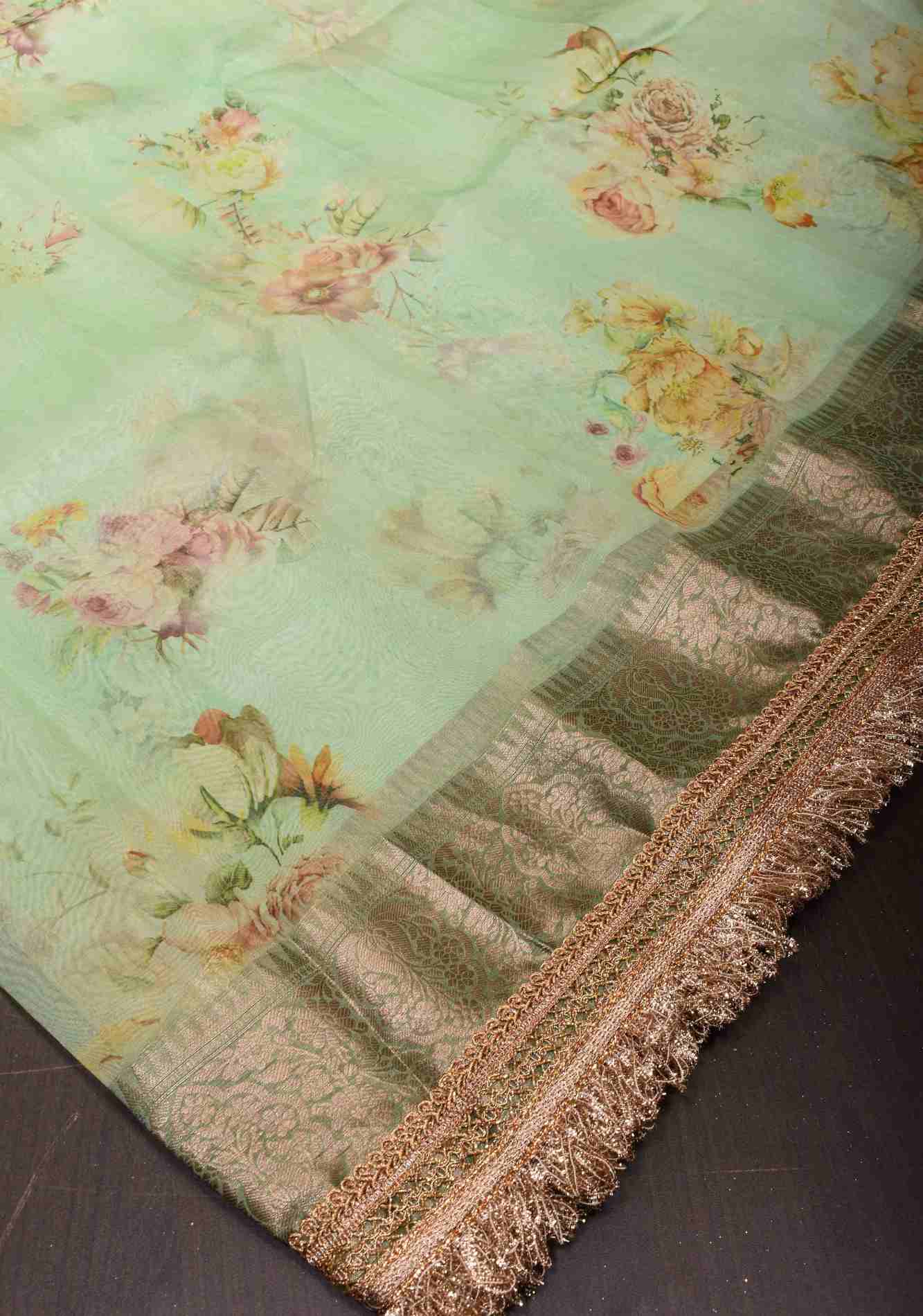 Pure Organza Silk Saree in Green with Floral Digital Print and Lace Trim Border | SILK MARK CERTIFIED Ready To Wear Saree