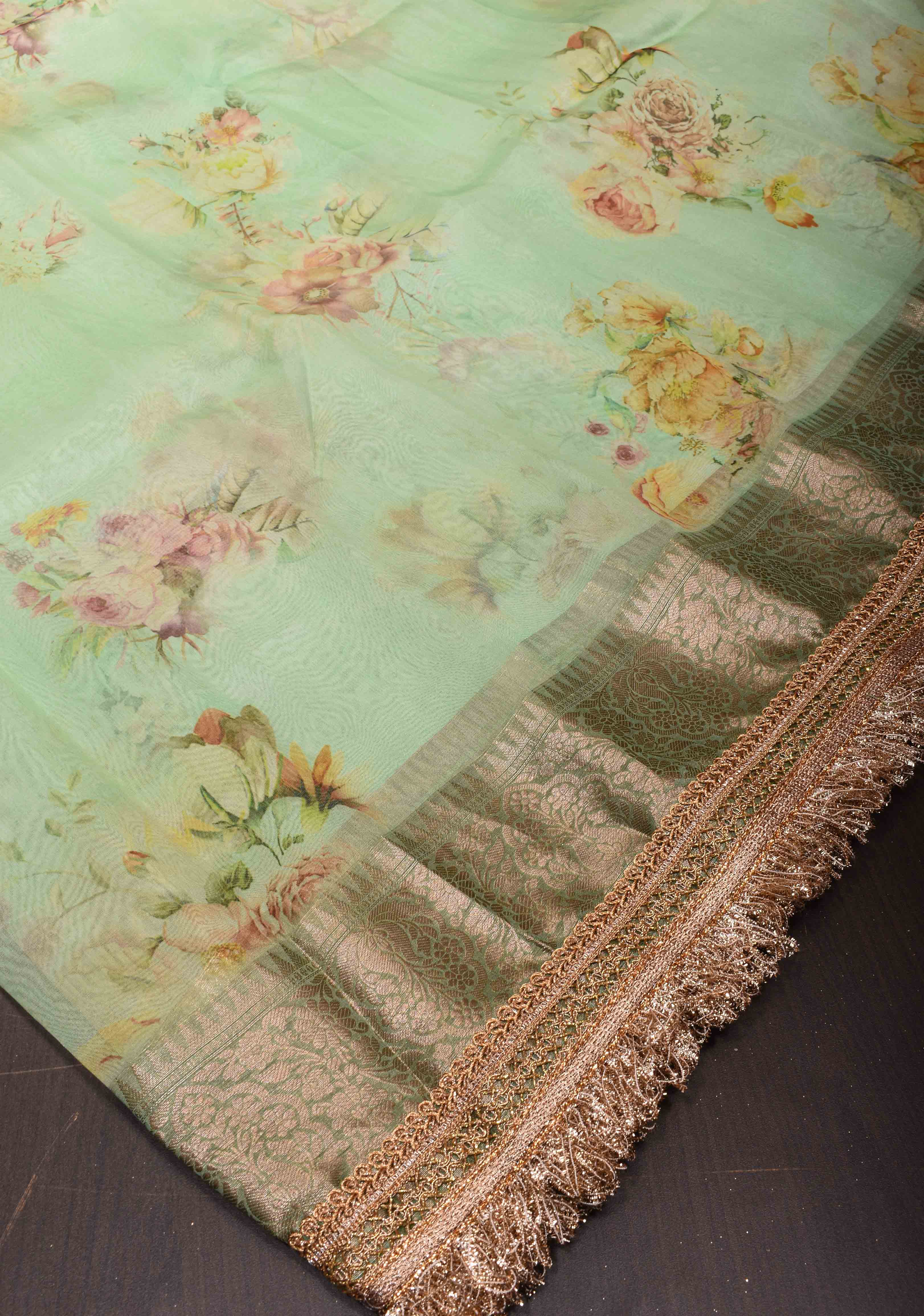 Pure Organza Silk Saree in Green with Floral Digital Print and Lace Trim Border | SILK MARK CERTIFIED | Shobitam