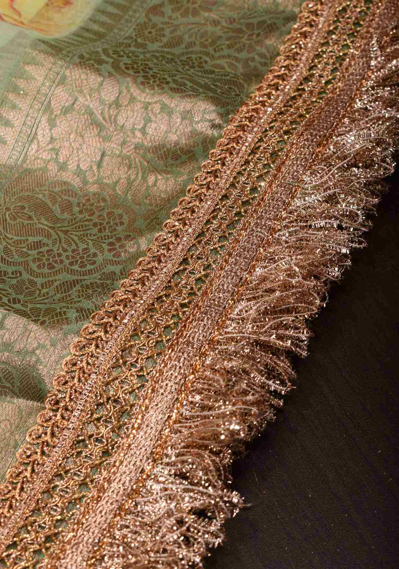 Pure Organza Silk Saree in Green with Floral Digital Print and Lace Trim Border | SILK MARK CERTIFIED Ready To Wear Saree