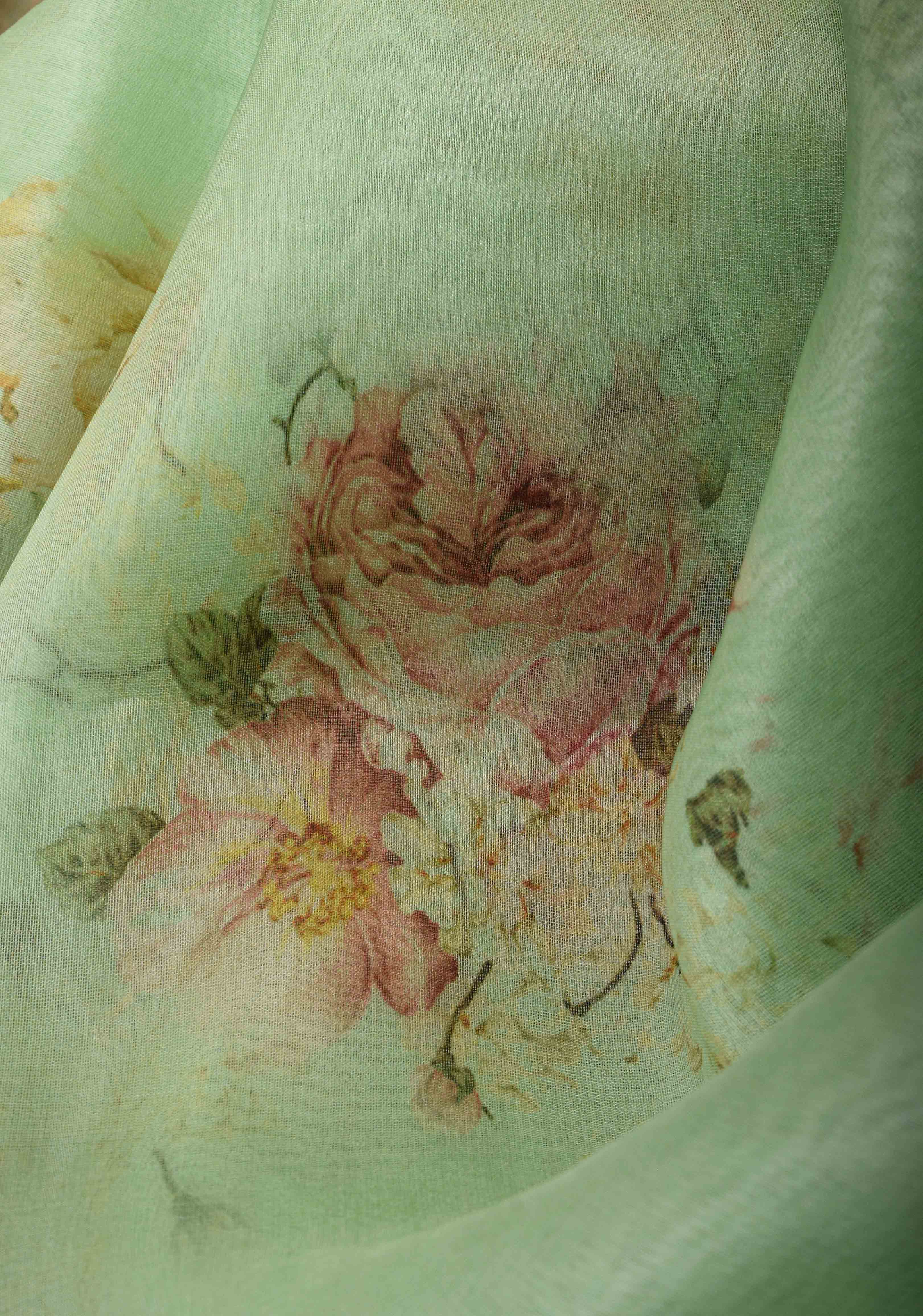 Pure Organza Silk Saree in Green with Floral Digital Print and Lace Trim Border | SILK MARK CERTIFIED | Shobitam