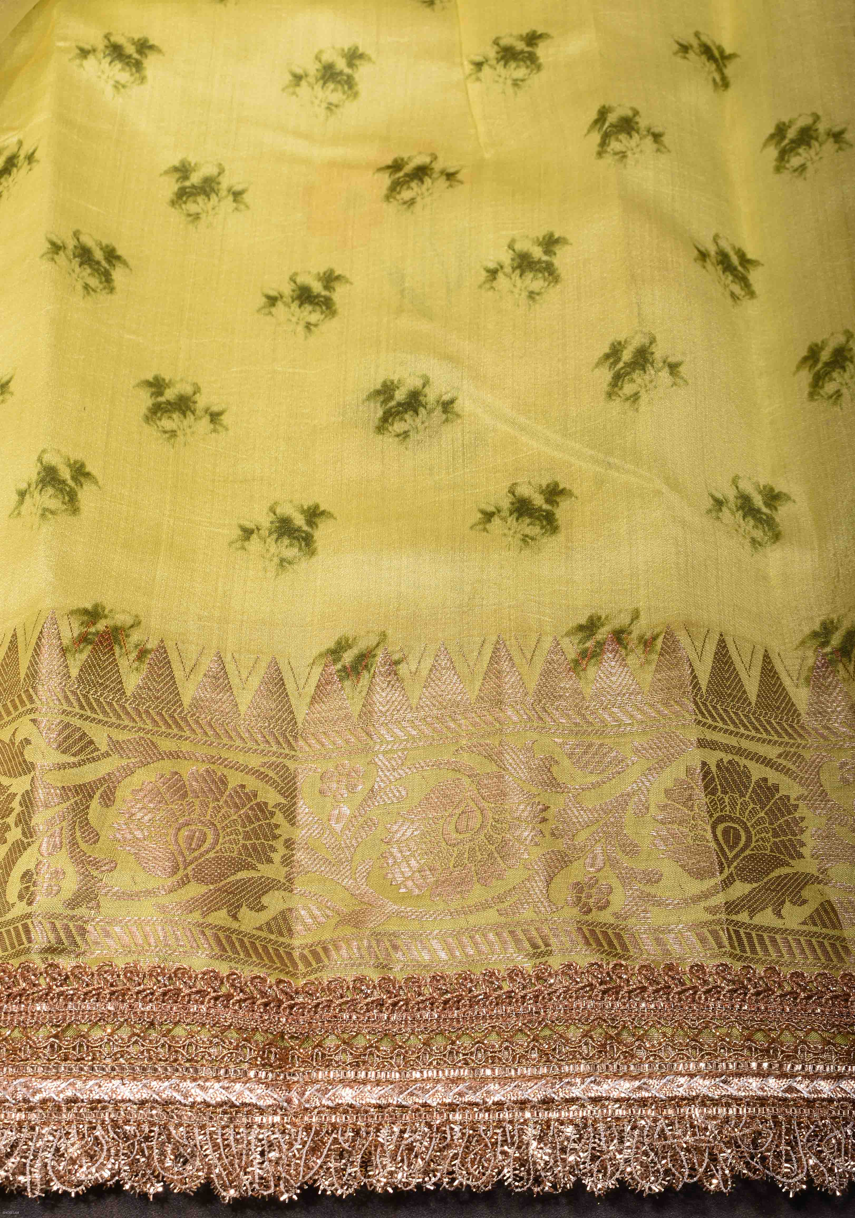 Pure Organza Silk Saree in Lemon Yellow with Floral Digital Print and Lace Trim Border | SILK MARK CERTIFIED | Shobitam