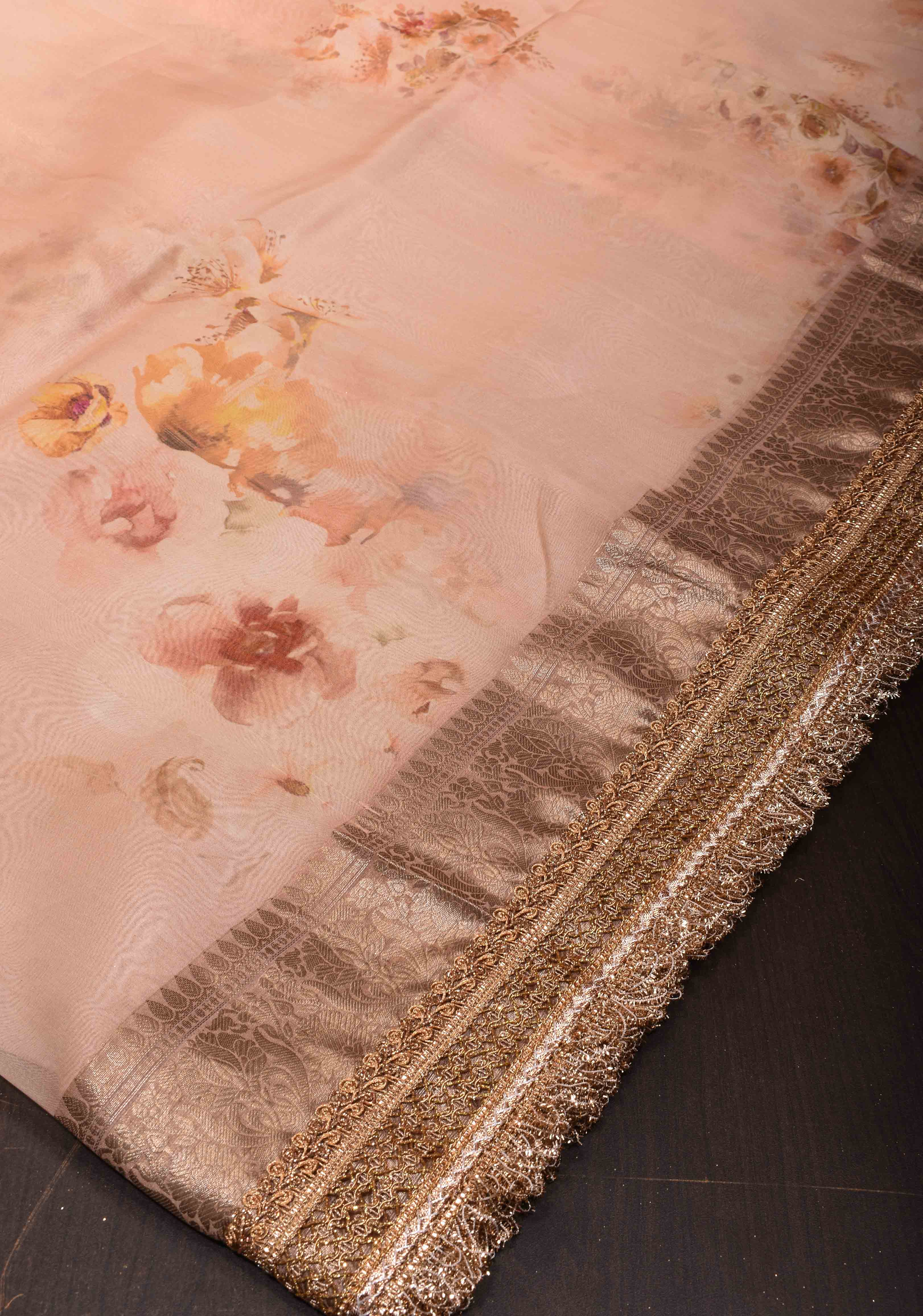 Pure Organza Silk Saree in Old Rose with Floral Digital Print and Lace Trim Border | SILK MARK CERTIFIED | Shobitam