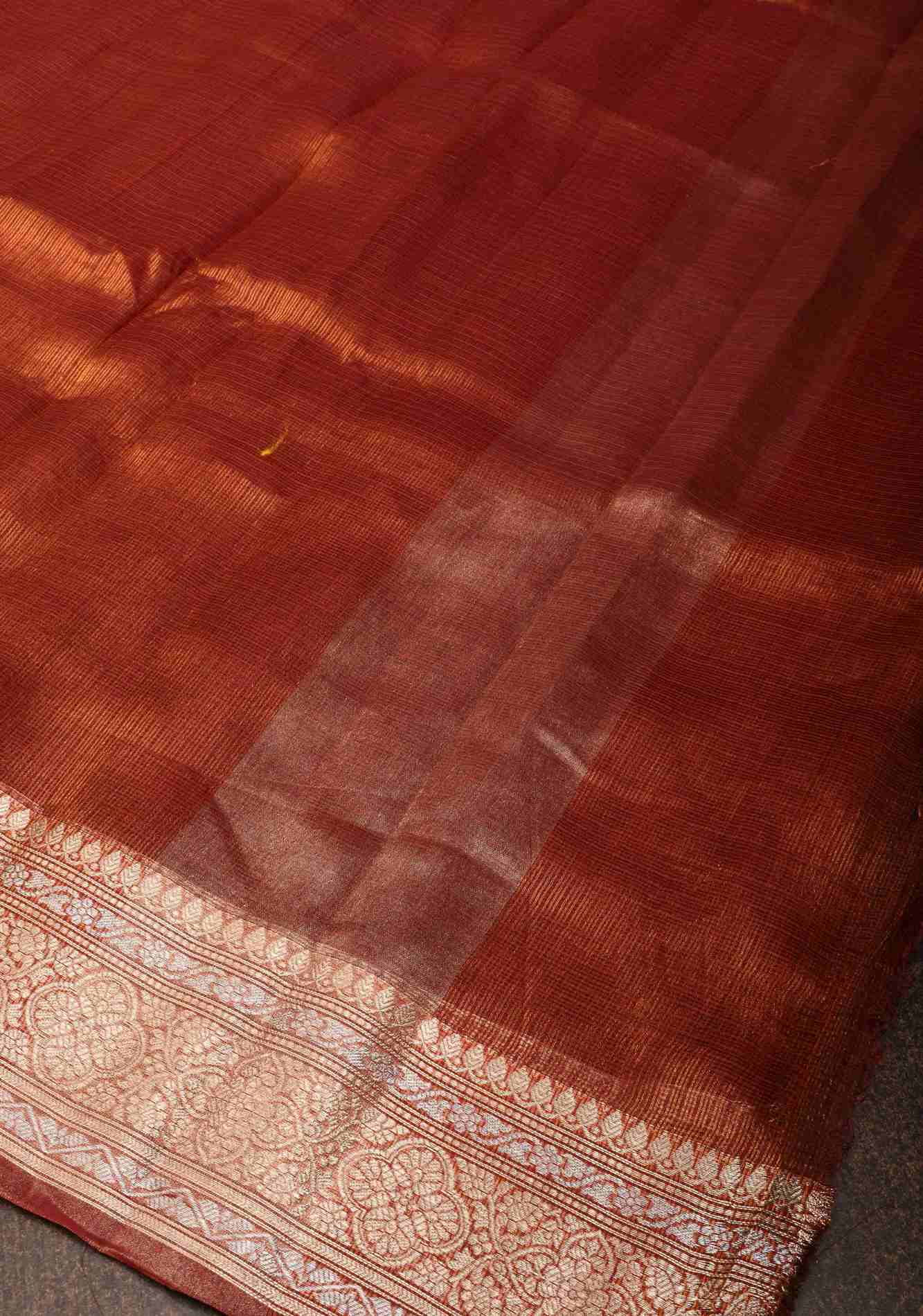 Maroon Kota Doria Tissue Cotton Saree with Sona Rupa Zari Border ready to wear saree