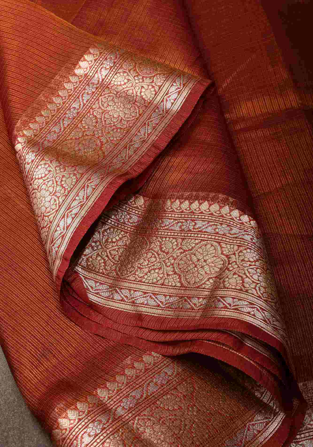 Maroon Kota Doria Tissue Cotton Saree with Sona Rupa Zari Border ready to wear saree