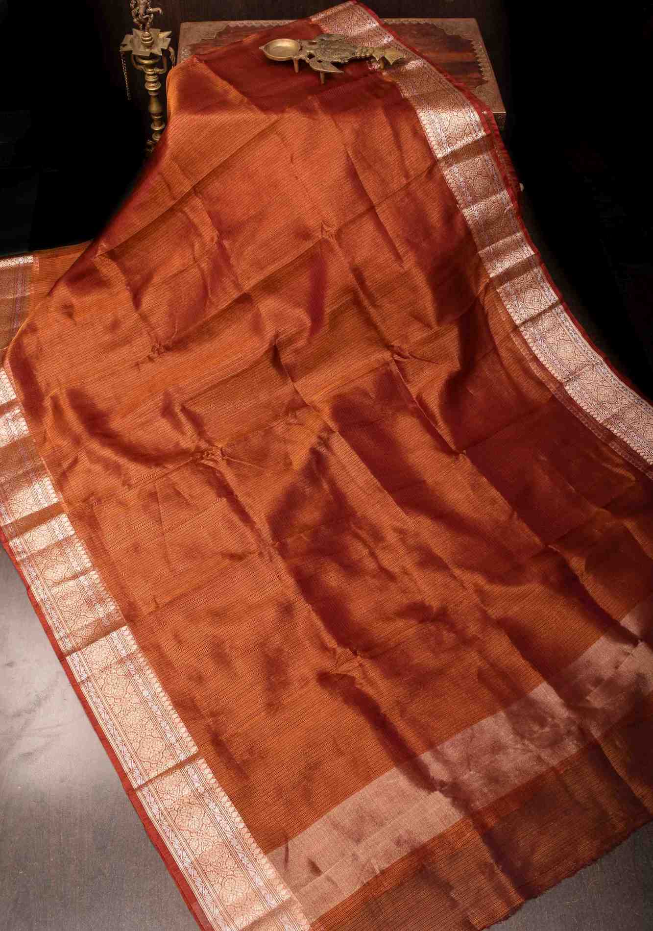 Maroon Kota Doria Tissue Cotton Saree with Sona Rupa Zari Border ready to wear saree