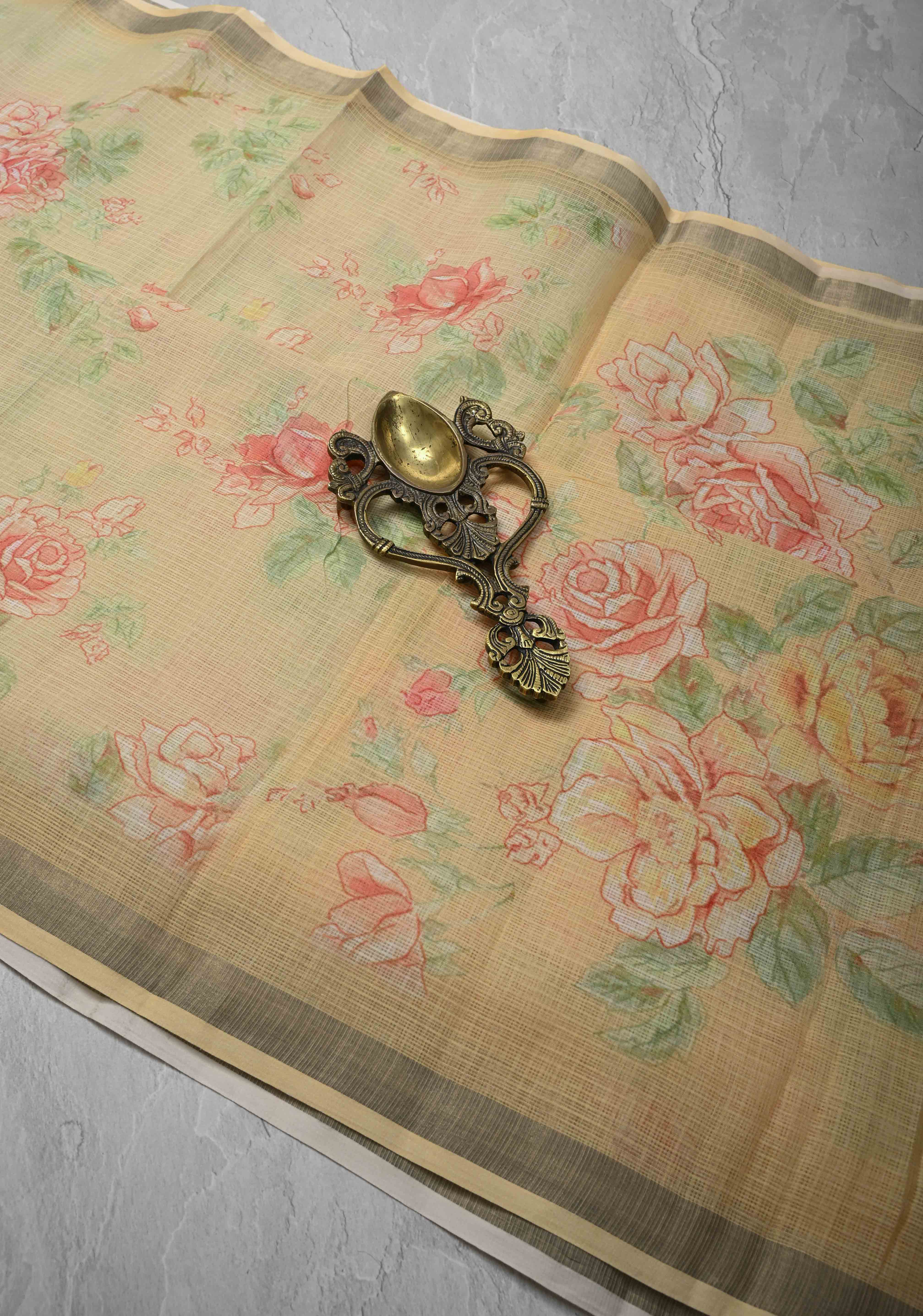 Beige Kota Doria Cotton Saree with Floral Digital Print And Minimal Zari Border | Shobitam