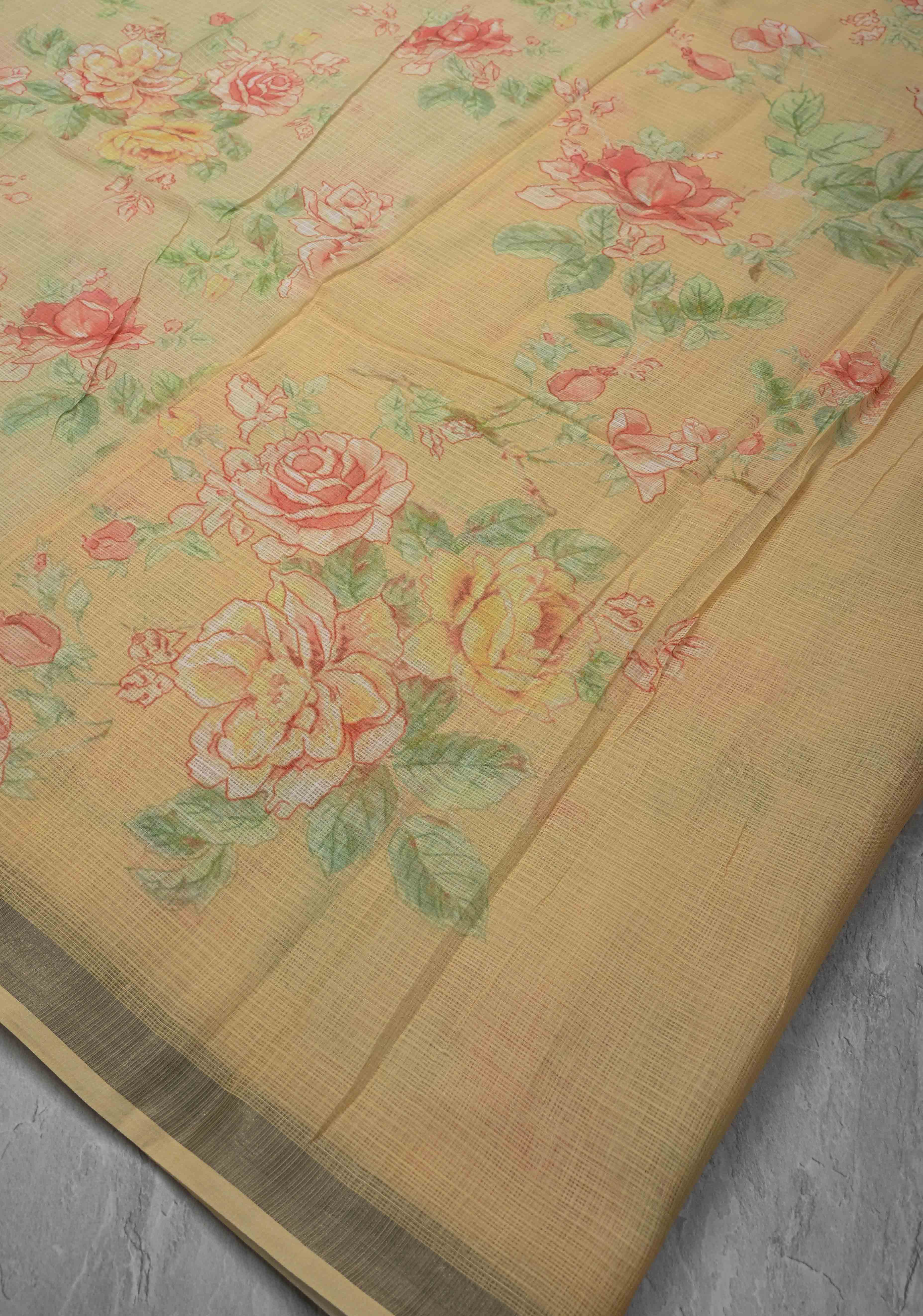 Beige Kota Doria Cotton Saree with Floral Digital Print And Minimal Zari Border | Shobitam