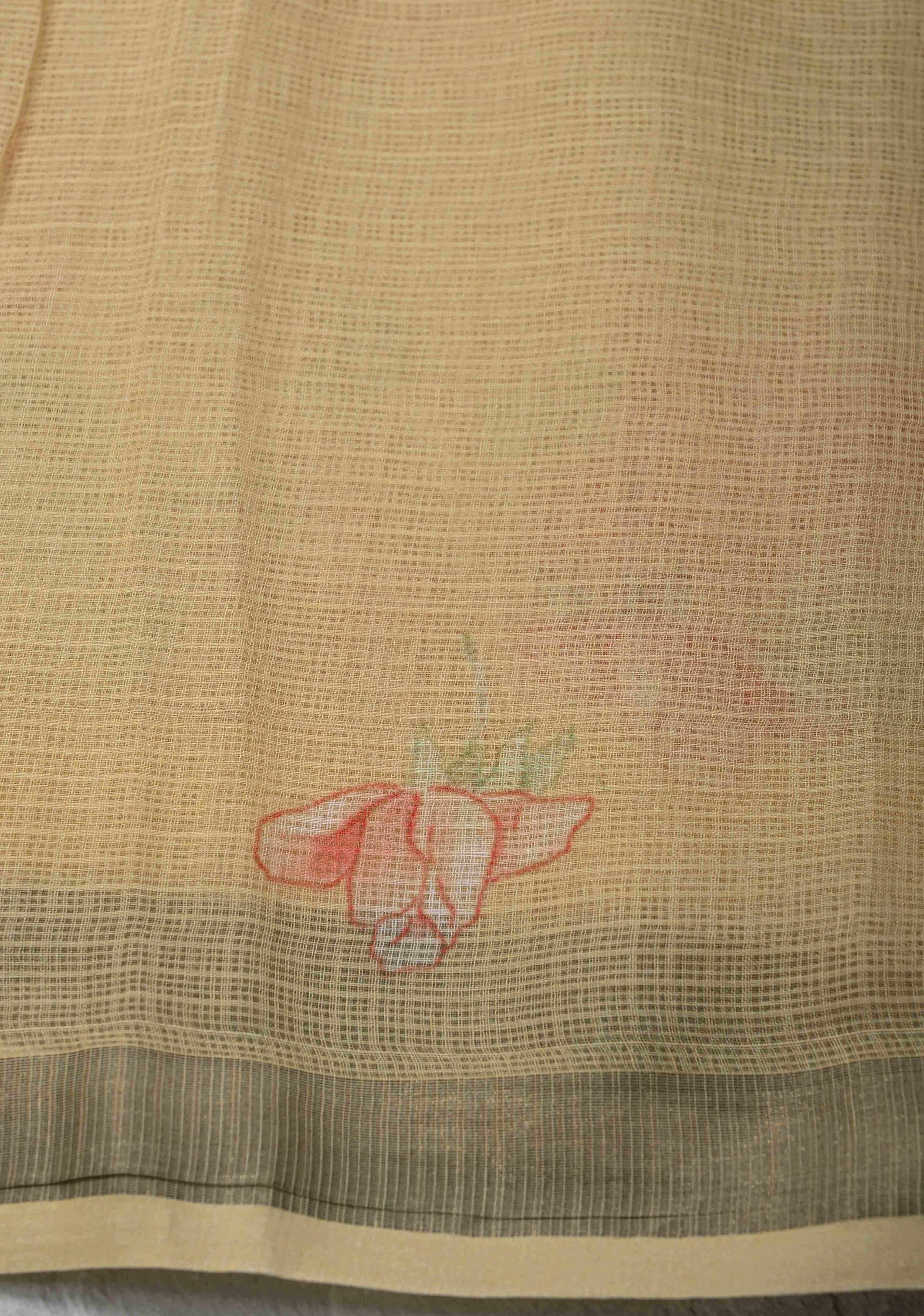 Beige Kota Doria Cotton Saree with Floral Digital Print And Minimal Zari Border | Shobitam