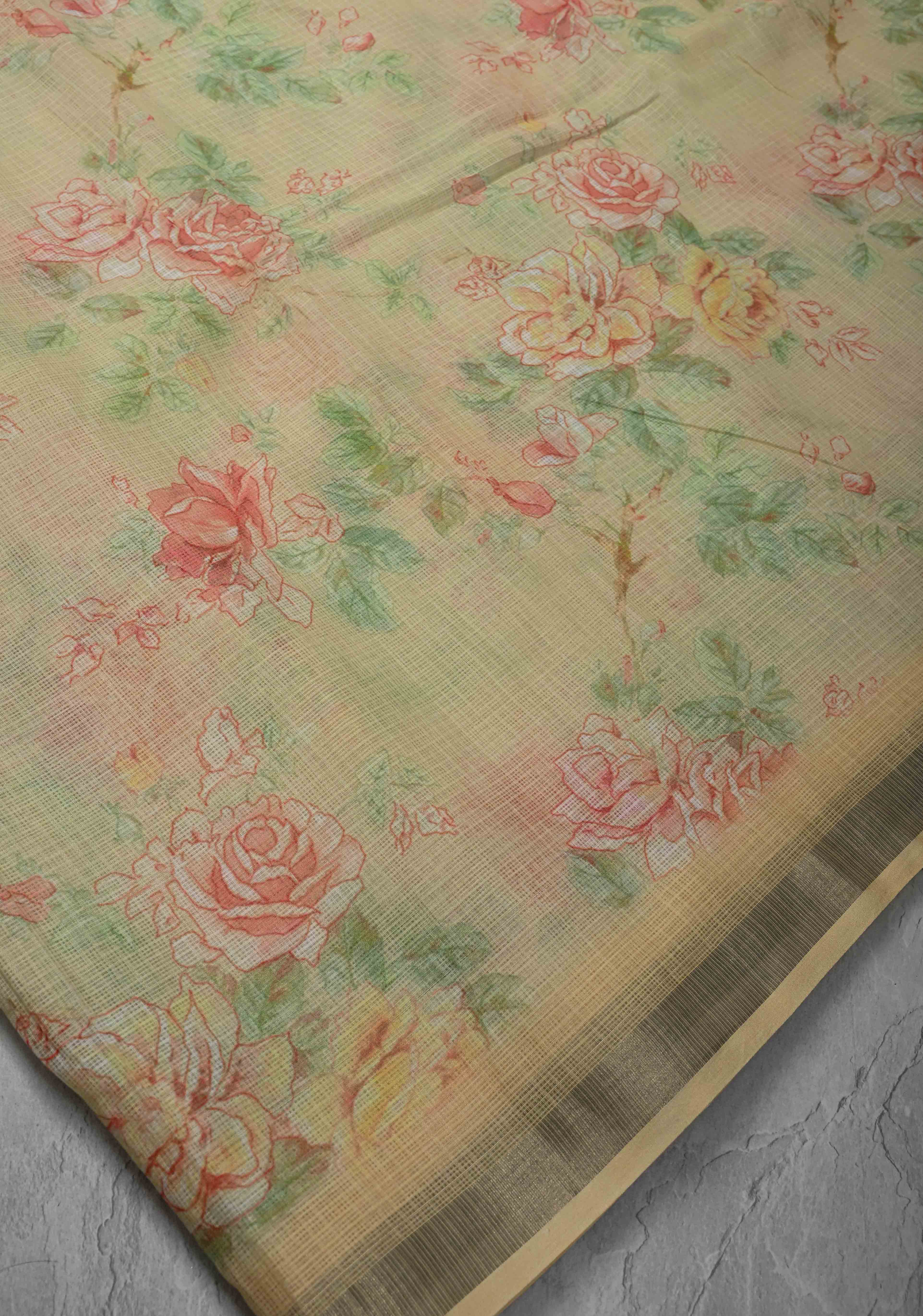 Beige Kota Doria Cotton Saree with Floral Digital Print And Minimal Zari Border | Shobitam