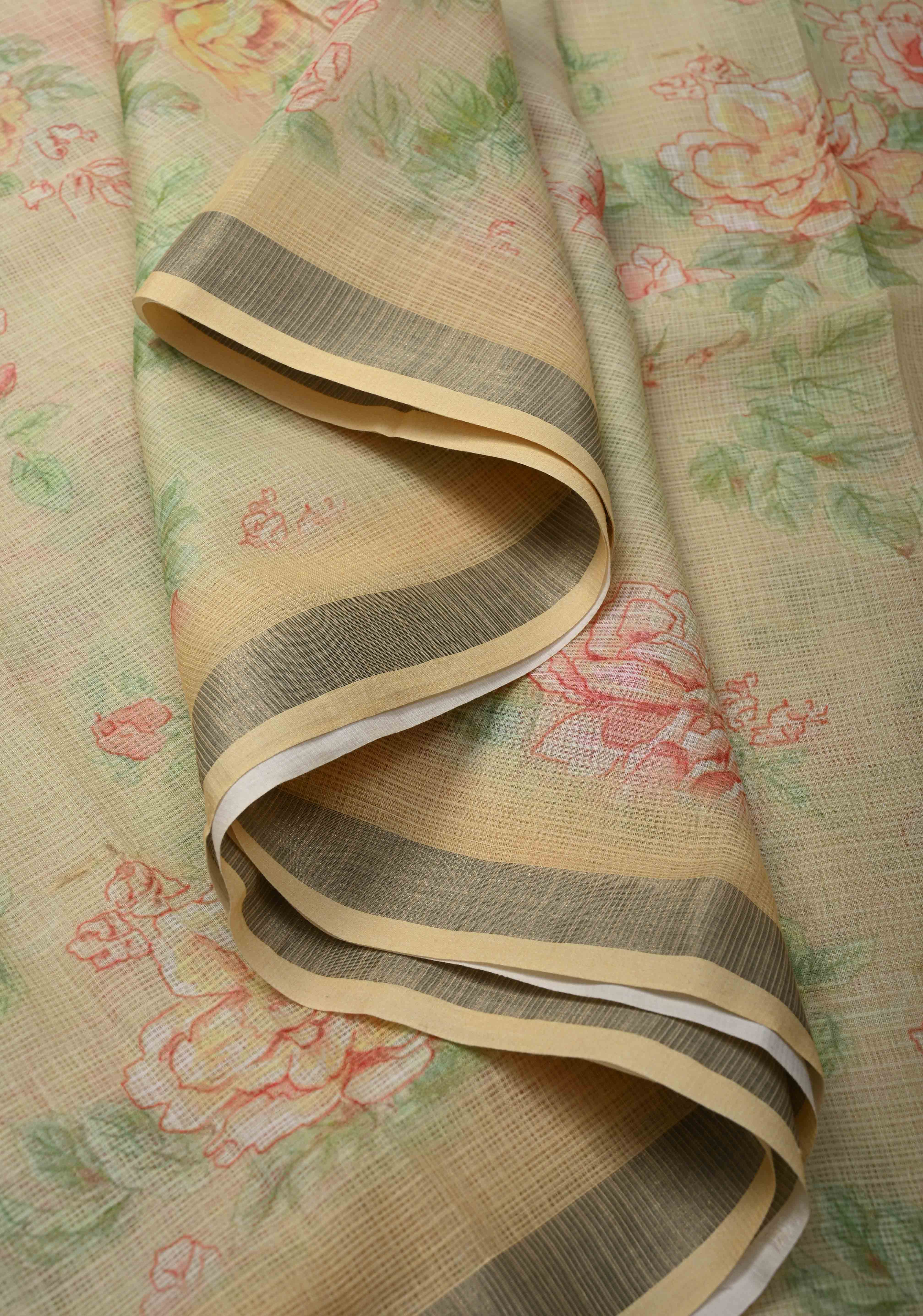 Beige Kota Doria Cotton Saree with Floral Digital Print And Minimal Zari Border | Shobitam