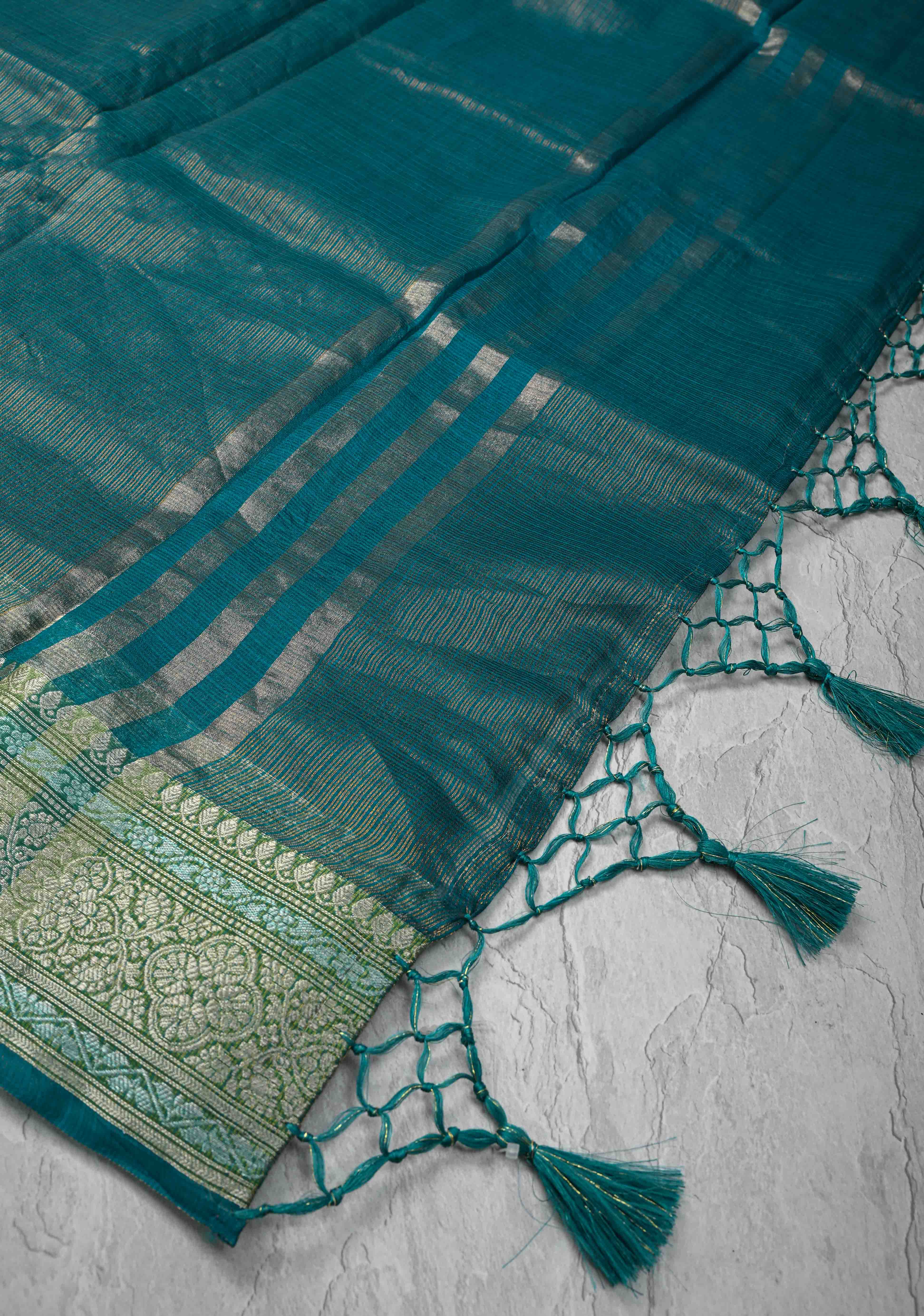 Peacock Green Kota Doria Tissue Cotton Saree with Sona Rupa Zari Border | Shobitam